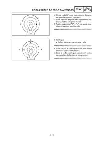 CHACHACHACHACHASSSSS
4 – 9
RODRODRODRODRODA E DISCO DE FREIO DIANA E DISCO DE FREIO DIANA E DISCO DE FREIO DIANA E DISCO DE FREIO DIANA E DISCO DE FREIO DIANTEIROSTEIROSTEIROSTEIROSTEIROS
4. Verifique:
• Balanceamento estático de roda.
**********************************************************************************************************************************************************************************************
a. Gire a roda e certifique-se de que fique
em cada posição mostrada.
b. Caso a roda não fique parada em todas
as posições, balanceie-a novamente.
**********************************************************************************************************************************************************************************************
b. Gire a roda 90º para que o ponto de peso
se posicione como mostrado.
c. Caso o ponto de peso não fique nessa po-
sição, instale um peso maior.
d. Repita os passos (“b” e“c”) até que a roda
dianteira esteja equilibrada.
**********************************************************************************************************************************************************************************************
 
