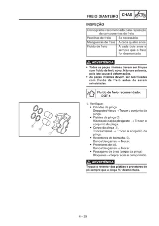 CHACHACHACHACHASSSSS
4 – 29
FREIO DIANFREIO DIANFREIO DIANFREIO DIANFREIO DIANTEIROTEIROTEIROTEIROTEIRO
INSPEÇÃOINSPEÇÃOINSPEÇÃOINSPEÇÃOINSPEÇÃO
••••• TTTTTodas as peças internas devem ser limpasodas as peças internas devem ser limpasodas as peças internas devem ser limpasodas as peças internas devem ser limpasodas as peças internas devem ser limpas
com fluido de freio nocom fluido de freio nocom fluido de freio nocom fluido de freio nocom fluido de freio novvvvvo. Não use solvente,o. Não use solvente,o. Não use solvente,o. Não use solvente,o. Não use solvente,
pois isto causará deformações.pois isto causará deformações.pois isto causará deformações.pois isto causará deformações.pois isto causará deformações.
••••• As peças internas devem ser lubrificadasAs peças internas devem ser lubrificadasAs peças internas devem ser lubrificadasAs peças internas devem ser lubrificadasAs peças internas devem ser lubrificadas
com fluido de freio antes de seremcom fluido de freio antes de seremcom fluido de freio antes de seremcom fluido de freio antes de seremcom fluido de freio antes de serem
reinstaladas.reinstaladas.reinstaladas.reinstaladas.reinstaladas.
Fluido de freio recomendado:Fluido de freio recomendado:Fluido de freio recomendado:Fluido de freio recomendado:Fluido de freio recomendado:
DODODODODOT 4T 4T 4T 4T 4
Cronograma recomendado para reposição
de componentes de freio
Pastilhas de freio Se necessário
Mangueiras de freio A cada quatro anos
Fluido de freio A cada dois anos e
sempre que o freio
for desmontado
1. Verifique:
• Cilindro da pinça.
Desgastes/riscos →Trocar o conjunto da
pinça.
• Pistões da pinça 2.
Riscos/oxidação/desgaste → Trocar o
conjunto da pinça.
• Corpo da pinça 1.
Trincas/danos → Trocar o conjunto da
pinça.
• Retentores de borracha 3.
Danos/desgastes →Trocar.
• Protetores de pó.
Danos/desgastes →Trocar
• Passagens de óleo (corpo da pinça)
Bloqueios → Soprar com ar comprimido.
TTTTTroque o retentor dos pistões e protetores deroque o retentor dos pistões e protetores deroque o retentor dos pistões e protetores deroque o retentor dos pistões e protetores deroque o retentor dos pistões e protetores de
pó sempre que a pinça for desmontada.pó sempre que a pinça for desmontada.pó sempre que a pinça for desmontada.pó sempre que a pinça for desmontada.pó sempre que a pinça for desmontada.
 