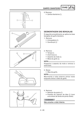 CHACHACHACHACHASSSSS
4 – 63
GARFO DIANGARFO DIANGARFO DIANGARFO DIANGARFO DIANTEIROTEIROTEIROTEIROTEIRO
5. Remova:
• Garfos dianteiros 1.
DESMONDESMONDESMONDESMONDESMONTTTTTAAAAAGEM DGEM DGEM DGEM DGEM DAAAAAS BENGALAS BENGALAS BENGALAS BENGALAS BENGALASSSSS
O seguinte procedimento se aplica às duas
bengalas do garfo dianteiro.
1. Remova:
• A braçadeira 1.
• Guarda-pó 2.
2. Remova:
• Tampa 1.
• Anel-trava 2.
• Assento da mola 3.
• Mola do garfo 4.
NONONONONOTTTTTA:A:A:A:A:
Pressione o assento da mola e remova o
anel-trava.
3. Drene:
• Óleo do garfo.
NONONONONOTTTTTA:A:A:A:A:
Movimente o tubo externo várias vezes
enquanto drena o óleo do garfo.
4. Remova:
• Retentor de poeira 1.
• Presilha do retentor de óleo 2 (com
uma chave de fenda de ponta chata).
Não arNão arNão arNão arNão arranhe o tubo interno.ranhe o tubo interno.ranhe o tubo interno.ranhe o tubo interno.ranhe o tubo interno.
 