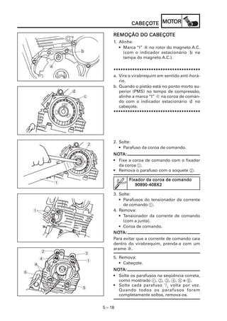 5 – 18
CABEÇOCABEÇOCABEÇOCABEÇOCABEÇOTETETETETE MOMOMOMOMOTTTTTOROROROROR
5
1
32
4
a
6
REMOÇÃO DO CABEÇOREMOÇÃO DO CABEÇOREMOÇÃO DO CABEÇOREMOÇÃO DO CABEÇOREMOÇÃO DO CABEÇOTETETETETE
1. Alinhe:
• Marca “I” a no rotor do magneto A.C.
(com o indicador estacionário b na
tampa do magneto A.C.).
*****************************************************************************************************************************************************************************************
a. Vire o virabrequim em sentido anti-horá-
rio.
b. Quando o pistão está no ponto morto su-
perior (PMS) no tempo de compressão,
alinhe a marca “I” c na coroa de coman-
do com o indicador estacionário d no
cabeçote.
*****************************************************************************************************************************************************************************************
2. Solte:
• Parafuso da coroa de comando.
NONONONONOTTTTTA:A:A:A:A:
• Fixe a coroa de comando com o fixador
da coroa 1.
• Remova o parafuso com o soquete 2.
Fixador da coroa de comandoFixador da coroa de comandoFixador da coroa de comandoFixador da coroa de comandoFixador da coroa de comando
90890-408X290890-408X290890-408X290890-408X290890-408X2
3. Solte:
• Parafusos do tensionador da corrente
de comando 1.
4. Remova:
• Tensionador da corrente de comando
(com a junta).
• Coroa de comando.
NONONONONOTTTTTA:A:A:A:A:
Para evitar que a corrente de comando caia
dentro do virabrequim, prenda-a com um
arame a.
5. Remova:
• Cabeçote.
NONONONONOTTTTTA:A:A:A:A:
• Solte os parafusos na seqüência correta,
como mostrado 1, 2, 3, 4, 5 e 6.
• Solte cada parafuso 1
/2
volta por vez.
Quando todos os parafusos forem
completamente soltos, remova-os.
1
d
c
b
a
1
2
 