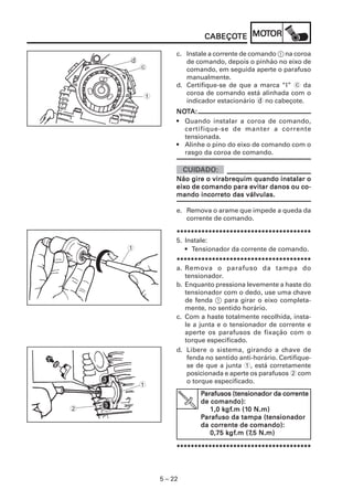 5 – 22
CABEÇOCABEÇOCABEÇOCABEÇOCABEÇOTETETETETE MOMOMOMOMOTTTTTOROROROROR
c. Instale a corrente de comando 1 na coroa
de comando, depois o pinhão no eixo de
comando, em seguida aperte o parafuso
manualmente.
d. Certifique-se de que a marca “I” c da
coroa de comando está alinhada com o
indicador estacionário d no cabeçote.
e. Remova o arame que impede a queda da
corrente de comando.
NONONONONOTTTTTA:A:A:A:A:
• Quando instalar a coroa de comando,
certifique-se de manter a corrente
tensionada.
• Alinhe o pino do eixo de comando com o
rasgo da coroa de comando.
Não gire o virabrequim quando instalar oNão gire o virabrequim quando instalar oNão gire o virabrequim quando instalar oNão gire o virabrequim quando instalar oNão gire o virabrequim quando instalar o
eixeixeixeixeixo de comando para evitar danos ou co-o de comando para evitar danos ou co-o de comando para evitar danos ou co-o de comando para evitar danos ou co-o de comando para evitar danos ou co-
mando incormando incormando incormando incormando incorreto das válvulas.reto das válvulas.reto das válvulas.reto das válvulas.reto das válvulas.
**********************************************************************************************************************************************************************************************
5. Instale:
• Tensionador da corrente de comando.
**********************************************************************************************************************************************************************************************
a. Remova o parafuso da tampa do
tensionador.
b. Enquanto pressiona levemente a haste do
tensionador com o dedo, use uma chave
de fenda 1 para girar o eixo completa-
mente, no sentido horário.
c. Com a haste totalmente recolhida, insta-
le a junta e o tensionador de corrente e
aperte os parafusos de fixação com o
torque especificado.
1
1
c
d
d. Libere o sistema, girando a chave de
fenda no sentido anti-horário. Certifique-
se de que a junta 1, está corretamente
posicionada e aperte os parafusos 2 com
o torque especificado.
**********************************************************************************************************************************************************************************************
PPPPParafusos (tensionador da corarafusos (tensionador da corarafusos (tensionador da corarafusos (tensionador da corarafusos (tensionador da correnterenterenterenterente
de comando):de comando):de comando):de comando):de comando):
1,0 k1,0 k1,0 k1,0 k1,0 kgfgfgfgfgf.m (1.m (1.m (1.m (1.m (10 N.m)0 N.m)0 N.m)0 N.m)0 N.m)
PPPPParafuso da tampa (tensionadorarafuso da tampa (tensionadorarafuso da tampa (tensionadorarafuso da tampa (tensionadorarafuso da tampa (tensionador
da corda corda corda corda corrente de comando):rente de comando):rente de comando):rente de comando):rente de comando):
0,75 k0,75 k0,75 k0,75 k0,75 kgfgfgfgfgf.m (7.m (7.m (7.m (7.m (7,5 N.m),5 N.m),5 N.m),5 N.m),5 N.m)
1
2
 