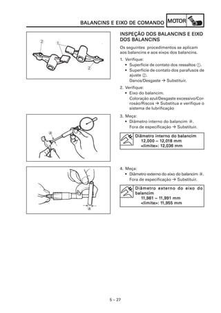 5 – 27
BALANCINS E EIXBALANCINS E EIXBALANCINS E EIXBALANCINS E EIXBALANCINS E EIXO DE COMANDOO DE COMANDOO DE COMANDOO DE COMANDOO DE COMANDO MOMOMOMOMOTTTTTOROROROROR
INSPEÇÃO DOS BALANCINS E EIXINSPEÇÃO DOS BALANCINS E EIXINSPEÇÃO DOS BALANCINS E EIXINSPEÇÃO DOS BALANCINS E EIXINSPEÇÃO DOS BALANCINS E EIXOOOOO
DOS BALANCINSDOS BALANCINSDOS BALANCINSDOS BALANCINSDOS BALANCINS
Os seguintes procedimentos se aplicam
aos balancins e aos eixos dos balancins.
1. Verifique:
• Superfície de contato dos ressaltos 1.
• Superfície de contato dos parafusos de
ajuste 2.
Danos/Desgaste Substituir.
2. Verifique:
• Eixo do balancim.
Coloração azul/Desgaste excessivo/Cor-
rosão/Riscos Substitua e verifique o
sistema de lubrificação
12
2
3. Meça:
• Diâmetro interno do balancim a.
Fora de especificação Substituir.
Diâmetro interno do balancimDiâmetro interno do balancimDiâmetro interno do balancimDiâmetro interno do balancimDiâmetro interno do balancim
111112,02,02,02,02,0000000 ~ 10 ~ 10 ~ 10 ~ 10 ~ 12,02,02,02,02,0111118 mm8 mm8 mm8 mm8 mm
<limite>: 1<limite>: 1<limite>: 1<limite>: 1<limite>: 12,036 mm2,036 mm2,036 mm2,036 mm2,036 mm
4. Meça:
• Diâmetro externo do eixo do balancim a.
Fora de especificação Substituir.
Diâmetro externo do eixDiâmetro externo do eixDiâmetro externo do eixDiâmetro externo do eixDiâmetro externo do eixo doo doo doo doo do
balancimbalancimbalancimbalancimbalancim
111111,981 ~ 11,981 ~ 11,981 ~ 11,981 ~ 11,981 ~ 11,991 mm1,991 mm1,991 mm1,991 mm1,991 mm
<limite>: 1<limite>: 1<limite>: 1<limite>: 1<limite>: 11,955 mm1,955 mm1,955 mm1,955 mm1,955 mm
a
a
 