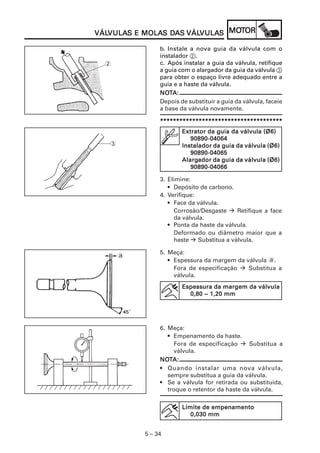 5 – 34
VÁLVÁLVÁLVÁLVÁLVULAVULAVULAVULAVULAS E MOLAS E MOLAS E MOLAS E MOLAS E MOLAS DS DS DS DS DAAAAASSSSS VÁLVÁLVÁLVÁLVÁLVULAVULAVULAVULAVULASSSSS MOMOMOMOMOTTTTTOROROROROR
b. Instale a nova guia da válvula com o
instalador 2.
c. Após instalar a guia da válvula, retifique
a guia com o alargador da guia da válvula 3
para obter o espaço livre adequado entre a
guia e a haste da válvula.
NONONONONOTTTTTA:A:A:A:A:
Depois de substituir a guia da válvula, faceie
a base da válvula novamente.
**********************************************************************************************************************************************************************************************
3. Elimine:
• Depósito de carbono.
4. Verifique:
• Face da válvula.
Corrosão/Desgaste Retifique a face
da válvula.
• Ponta da haste da válvula.
Deformado ou diâmetro maior que a
haste Substitua a válvula.
5. Meça:
• Espessura da margem da válvula a.
Fora de especificação Substitua a
válvula.
Espessura da margem da válvulaEspessura da margem da válvulaEspessura da margem da válvulaEspessura da margem da válvulaEspessura da margem da válvula
0,80 ~ 1,20 mm0,80 ~ 1,20 mm0,80 ~ 1,20 mm0,80 ~ 1,20 mm0,80 ~ 1,20 mm
2
3
Extrator da guia da válvula (Ø6)Extrator da guia da válvula (Ø6)Extrator da guia da válvula (Ø6)Extrator da guia da válvula (Ø6)Extrator da guia da válvula (Ø6)
90890-0406490890-0406490890-0406490890-0406490890-04064
Instalador da guia da válvula (Ø6)Instalador da guia da válvula (Ø6)Instalador da guia da válvula (Ø6)Instalador da guia da válvula (Ø6)Instalador da guia da válvula (Ø6)
90890-0406590890-0406590890-0406590890-0406590890-04065
AlargAlargAlargAlargAlargador da guia da válvula (Ø6)ador da guia da válvula (Ø6)ador da guia da válvula (Ø6)ador da guia da válvula (Ø6)ador da guia da válvula (Ø6)
90890-0406690890-0406690890-0406690890-0406690890-04066
a
6. Meça:
• Empenamento da haste.
Fora de especificação Substitua a
válvula.
NONONONONOTTTTTA:A:A:A:A:
• Quando instalar uma nova válvula,
sempre substitua a guia da válvula.
• Se a válvula for retirada ou substituída,
troque o retentor da haste da válvula.
Limite de empenamentoLimite de empenamentoLimite de empenamentoLimite de empenamentoLimite de empenamento
0,030 mm0,030 mm0,030 mm0,030 mm0,030 mm
 