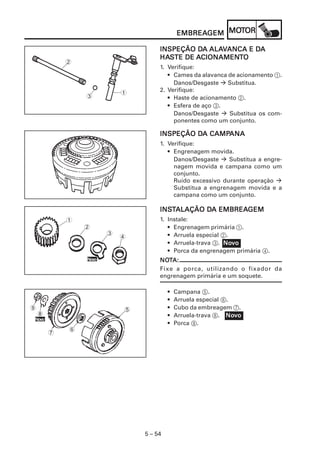 5 – 54
EMBREAEMBREAEMBREAEMBREAEMBREAGEMGEMGEMGEMGEM MOMOMOMOMOTTTTTOROROROROR
INSPEÇÃO DINSPEÇÃO DINSPEÇÃO DINSPEÇÃO DINSPEÇÃO DAAAAA ALAALAALAALAALAVVVVVANCA E DANCA E DANCA E DANCA E DANCA E DAAAAA
HAHAHAHAHASSSSSTE DETE DETE DETE DETE DE AAAAACIONAMENCIONAMENCIONAMENCIONAMENCIONAMENTTTTTOOOOO
1. Verifique:
• Cames da alavanca de acionamento 1.
Danos/Desgaste Substitua.
2. Verifique:
• Haste de acionamento 2.
• Esfera de aço 3.
Danos/Desgaste Substitua os com-
ponentes como um conjunto.
NoNoNoNoNovvvvvooooo
NoNoNoNoNovvvvvooooo
2
3
1
1
2
3
4
NoNoNoNoNovvvvvooooo
NoNoNoNoNovvvvvooooo
7
59
8
6
INSPEÇÃO DINSPEÇÃO DINSPEÇÃO DINSPEÇÃO DINSPEÇÃO DA CAMPA CAMPA CAMPA CAMPA CAMPANAANAANAANAANA
1. Verifique:
• Engrenagem movida.
Danos/Desgaste Substitua a engre-
nagem movida e campana como um
conjunto.
Ruído excessivo durante operação
Substitua a engrenagem movida e a
campana como um conjunto.
INSINSINSINSINSTTTTTALAÇÃO DALAÇÃO DALAÇÃO DALAÇÃO DALAÇÃO DA EMBREAA EMBREAA EMBREAA EMBREAA EMBREAGEMGEMGEMGEMGEM
1. Instale:
• Engrenagem primária 1.
• Arruela especial 2.
• Arruela-trava 3.
• Porca da engrenagem primária 4.
NONONONONOTTTTTA:A:A:A:A:
Fixe a porca, utilizando o fixador da
engrenagem primária e um soquete.
• Campana 5.
• Arruela especial 6.
• Cubo da embreagem 7.
• Arruela-trava 8.
• Porca 9.
 