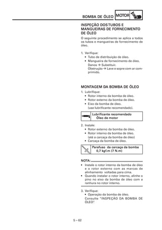 5 – 62
BOMBA DE ÓLEOBOMBA DE ÓLEOBOMBA DE ÓLEOBOMBA DE ÓLEOBOMBA DE ÓLEO MOMOMOMOMOTTTTTOROROROROR
INSPEÇÃO DOSINSPEÇÃO DOSINSPEÇÃO DOSINSPEÇÃO DOSINSPEÇÃO DOSTUBOS ETUBOS ETUBOS ETUBOS ETUBOS E
MANGUEIRAMANGUEIRAMANGUEIRAMANGUEIRAMANGUEIRAS DE FORNECIMENS DE FORNECIMENS DE FORNECIMENS DE FORNECIMENS DE FORNECIMENTTTTTOOOOO
DE ÓLEODE ÓLEODE ÓLEODE ÓLEODE ÓLEO
O seguinte procedimento se aplica a todos
os tubos e mangueiras de fornecimento de
óleo.
1. Verifique:
• Tubo de distribuição de óleo.
• Mangueira de fornecimento de óleo.
Danos Substituir.
Obstrução Lave e sopre com ar com-
primido.
Lubrificante recomendadoLubrificante recomendadoLubrificante recomendadoLubrificante recomendadoLubrificante recomendado
Óleo de motorÓleo de motorÓleo de motorÓleo de motorÓleo de motor
PPPPParafuso da carcaça da bombaarafuso da carcaça da bombaarafuso da carcaça da bombaarafuso da carcaça da bombaarafuso da carcaça da bomba
0,7 k0,7 k0,7 k0,7 k0,7 kgfgfgfgfgf.m (7 N.m).m (7 N.m).m (7 N.m).m (7 N.m).m (7 N.m)
NONONONONOTTTTTA:A:A:A:A:
• Instale o rotor interno da bomba de óleo
e o rotor externo com as marcas de
alinhamento voltadas para cima.
• Quando instalar o rotor interno, alinhe o
pino no eixo da bomba de óleo com a
ranhura no rotor interno.
MONMONMONMONMONTTTTTAAAAAGEM DGEM DGEM DGEM DGEM DA BOMBA DE ÓLEOA BOMBA DE ÓLEOA BOMBA DE ÓLEOA BOMBA DE ÓLEOA BOMBA DE ÓLEO
1. Lubrifique:
• Rotor interno da bomba de óleo.
• Rotor externo da bomba de óleo.
• Eixo da bomba de óleo.
(use lubrificante recomendado).
2. Instale:
• Rotor externo da bomba de óleo.
• Rotor interno da bomba de óleo.
(até a carcaça da bomba de óleo)
• Carcaça da bomba de óleo.
3. Verifique:
• Operação da bomba de óleo.
Consulte “INSPEÇÃO DA BOMBA DE
ÓLEO”.
 