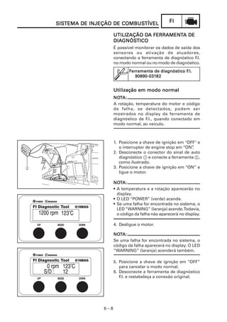 FIFIFIFIFI
6 – 8
SISSISSISSISSISTEMA DE INJEÇÃO DE COMBUSTEMA DE INJEÇÃO DE COMBUSTEMA DE INJEÇÃO DE COMBUSTEMA DE INJEÇÃO DE COMBUSTEMA DE INJEÇÃO DE COMBUSTÍVELTÍVELTÍVELTÍVELTÍVEL
UTILIZAÇÃO DUTILIZAÇÃO DUTILIZAÇÃO DUTILIZAÇÃO DUTILIZAÇÃO DA FERRAMENA FERRAMENA FERRAMENA FERRAMENA FERRAMENTTTTTA DEA DEA DEA DEA DE
DIADIADIADIADIAGNÓSGNÓSGNÓSGNÓSGNÓSTICOTICOTICOTICOTICO
É possível monitorar os dados de saída dos
sensores ou ativação de atuadores,
conectando a ferramenta de diagnóstico F.I.
no modo normal ou no modo de diagnóstico.
FFFFFerererererramenta de diagnóstico Framenta de diagnóstico Framenta de diagnóstico Framenta de diagnóstico Framenta de diagnóstico F.I..I..I..I..I.
90890-03190890-03190890-03190890-03190890-0318282828282
1. Posicione a chave de ignição em "OFF" e
o interruptor de engine stop em “ON”.
2. Desconecte o conector do sinal de auto
diagnóstico 1 e conecte a ferramenta 2,
como ilustrado.
3. Posicione a chave de ignição em “ON” e
ligue o motor.
NONONONONOTTTTTA:A:A:A:A:
• A temperatura e a rotação aparecerão no
display.
• O LED “POWER” (verde) acende.
• Se uma falha for encontrada no sistema, o
LED “WARNING” (laranja) acende.Todavia,
o código da falha não aparecerá no display.
4. Desligue o motor.
NONONONONOTTTTTA:A:A:A:A:
Se uma falha for encontrada no sistema, o
código da falha aparecerá no display. O LED
“WARNING” (laranja) acenderá também.
5. Posicione a chave de ignição em “OFF”
para cancelar o modo normal.
6. Desconecte a ferramenta de diagnóstico
F.I. e restabeleça a conexão original.
Utilização em modo normalUtilização em modo normalUtilização em modo normalUtilização em modo normalUtilização em modo normal
NONONONONOTTTTTA:A:A:A:A:
A rotação, temperatura do motor e código
de falha, se detectados, podem ser
mostrados no display da ferramenta de
diagnóstico de F.I., quando conectado em
modo normal, ao veículo.
 