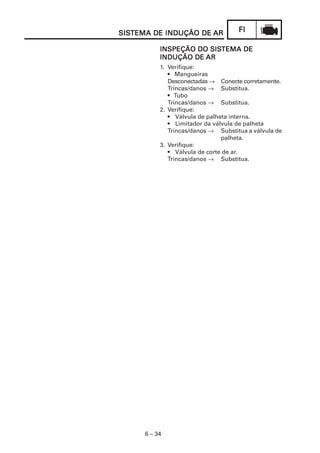 FIFIFIFIFI
6 – 34
SISSISSISSISSISTEMA DE INDUÇÃO DETEMA DE INDUÇÃO DETEMA DE INDUÇÃO DETEMA DE INDUÇÃO DETEMA DE INDUÇÃO DE ARARARARAR
INSPEÇÃO DO SISINSPEÇÃO DO SISINSPEÇÃO DO SISINSPEÇÃO DO SISINSPEÇÃO DO SISTEMA DETEMA DETEMA DETEMA DETEMA DE
INDUÇÃO DEINDUÇÃO DEINDUÇÃO DEINDUÇÃO DEINDUÇÃO DE ARARARARAR
1. Verifique:
• Mangueiras
Desconectadas → Conecte corretamente.
Trincas/danos → Substitua.
• Tubo
Trincas/danos → Substitua.
2. Verifique:
• Válvula de palheta interna.
• Limitador da válvula de palheta
Trincas/danos → Substitua a válvula de
palheta.
3. Verifique:
• Válvula de corte de ar.
Trincas/danos → Substitua.
 