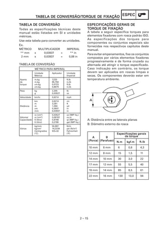 2 – 15
ESPECESPECESPECESPECESPECTTTTTABELA DE CONVERSÃO/TABELA DE CONVERSÃO/TABELA DE CONVERSÃO/TABELA DE CONVERSÃO/TABELA DE CONVERSÃO/TORQORQORQORQORQUE DE FIXAÇÃOUE DE FIXAÇÃOUE DE FIXAÇÃOUE DE FIXAÇÃOUE DE FIXAÇÃO
A tabela a seguir especifica torques para
elementos fixadores com rosca padrão ISO.
As especificações dos torques para
componentes ou conjuntos especiais são
fornecidas nos respectivos capítulos deste
manual.
Para evitar empenamentos, fixe os conjuntos
compostos por vários elementos fixadores
progressivamente e de forma cruzada ou
alternada até atingir o torque especificado.
Caso indicação em contrário, os torque
devem ser aplicados em roscas limpas e
secas. Os componentes deverão estar em
temperatura ambiente.
ESPECIFICAÇÕES GERAIS DEESPECIFICAÇÕES GERAIS DEESPECIFICAÇÕES GERAIS DEESPECIFICAÇÕES GERAIS DEESPECIFICAÇÕES GERAIS DE
TTTTTORQORQORQORQORQUE DE FIXAÇÃOUE DE FIXAÇÃOUE DE FIXAÇÃOUE DE FIXAÇÃOUE DE FIXAÇÃO
A: Distância entre as laterais planas
B: Diâmetro externo da rosca
10 mm 6 mm 6 0,6 4,3
12 mm 8 mm 15 1,5 11
14 mm 10 mm 30 3,0 22
17 mm 12 mm 55 5,5 40
19 mm 14 mm 85 8,5 61
22 mm 16 mm 130 13,0 94
N.mN.mN.mN.mN.m
Especificações geraisEspecificações geraisEspecificações geraisEspecificações geraisEspecificações gerais
de torquede torquede torquede torquede torqueAAAAA
(P(P(P(P(Porca)orca)orca)orca)orca)
BBBBB
(P(P(P(P(Parafuso)arafuso)arafuso)arafuso)arafuso)
kkkkkgfgfgfgfgf.m.m.m.m.m ffffft.lbt.lbt.lbt.lbt.lb
TTTTTABELA DE CONVERSÃOABELA DE CONVERSÃOABELA DE CONVERSÃOABELA DE CONVERSÃOABELA DE CONVERSÃO
Todas as especificações técnicas deste
manual estão listadas em SI e unidades
métricas.
Use esta tabela para converter as unidades.
Ex.
MÉTRICO MULTIPLICADOR IMPERIAL
** mm x 0,03937 = ** in
2 mm x 0,03937 = 0,08 in
TABELA DE CONVERSÃO
MÉTRICO PARA IMPERIAL
Unidade Aplicador Unidade
Métrica Imperial
Aperto m.kg 7,233 ft.lb
de m.kg 85,794 in.lb
torque cm.kg 0,0723 ft.lb
cm.kg 0,8679 in.lb
Peso kg 2,205 lb
g 0,03527 oz
Velocidade km/hr 0,6214 mph
km 0,6214 mi
m 3,281 ft
Distância m 1,094 yd
cm 0,3937 in
mm 0,03937 in
cc (cm3
) 0,03527 oz (IMP liq.)
Volume/ cc (cm3
) 0,06102 cu.in
Capacidade lt (litro) 0,8799 qt (IMP liq.)
lt (litro) 0,2199 gal (IMP liq.)
kg/mm 55,997 lb/in
Vários kg/cm2
14,2234 psi (lb/in2
)
Centígrados 9/5+32 Fahrenheit
(o
C) (o
F)
 