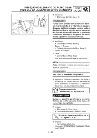 INSPINSPINSPINSPINSP
AJUSAJUSAJUSAJUSAJUS
3 – 29
3. Remova:
• Elemento do filtro de ar 1.
INSPEÇÃO DO ELEMENINSPEÇÃO DO ELEMENINSPEÇÃO DO ELEMENINSPEÇÃO DO ELEMENINSPEÇÃO DO ELEMENTTTTTO DO FILO DO FILO DO FILO DO FILO DO FILTRO DETRO DETRO DETRO DETRO DE AR/AR/AR/AR/AR/
INSPEÇÃO DINSPEÇÃO DINSPEÇÃO DINSPEÇÃO DINSPEÇÃO DA JUNÇÃO DO CORPO DE INJEÇÃOA JUNÇÃO DO CORPO DE INJEÇÃOA JUNÇÃO DO CORPO DE INJEÇÃOA JUNÇÃO DO CORPO DE INJEÇÃOA JUNÇÃO DO CORPO DE INJEÇÃO
Nunca opere o motor sem o elemento do fil-Nunca opere o motor sem o elemento do fil-Nunca opere o motor sem o elemento do fil-Nunca opere o motor sem o elemento do fil-Nunca opere o motor sem o elemento do fil-
tro de ar instalado. O ar não filtrado causarátro de ar instalado. O ar não filtrado causarátro de ar instalado. O ar não filtrado causarátro de ar instalado. O ar não filtrado causarátro de ar instalado. O ar não filtrado causará
desgdesgdesgdesgdesgaste rápido de peças do motor e poderáaste rápido de peças do motor e poderáaste rápido de peças do motor e poderáaste rápido de peças do motor e poderáaste rápido de peças do motor e poderá
danificá-lo. Operar o motor sem o elementodanificá-lo. Operar o motor sem o elementodanificá-lo. Operar o motor sem o elementodanificá-lo. Operar o motor sem o elementodanificá-lo. Operar o motor sem o elemento
do filtro de ar também afetará o ajuste dodo filtro de ar também afetará o ajuste dodo filtro de ar também afetará o ajuste dodo filtro de ar também afetará o ajuste dodo filtro de ar também afetará o ajuste do
carburadorcarburadorcarburadorcarburadorcarburador, resultando em perda de rendi-, resultando em perda de rendi-, resultando em perda de rendi-, resultando em perda de rendi-, resultando em perda de rendi-
mento e possível superaquecimento.mento e possível superaquecimento.mento e possível superaquecimento.mento e possível superaquecimento.mento e possível superaquecimento.
4. Verifique:
• Elemento do filtro de ar 2
Danos Troque.
• Guia do elemento do filtro de ar 3
Danos Troque.
5. Lave:
• Elemento do filtro de ar
Use querosene para lavar o elemento.
NONONONONOTTTTTA:A:A:A:A:
Após a limpeza, remova o querosene, aper-
tando o elemento.
6. Aplique o óleo recomendado em toda a
superfície do filtro e retire o excesso de
óleo, apertando o elemento. O elemento
deve ficar úmido, mas sem pingar.
Não torça o elemento ao aperNão torça o elemento ao aperNão torça o elemento ao aperNão torça o elemento ao aperNão torça o elemento ao apertá-lo.tá-lo.tá-lo.tá-lo.tá-lo.
Óleo recomendadoÓleo recomendadoÓleo recomendadoÓleo recomendadoÓleo recomendado:::::
YYYYYamalube 4 ou equiamalube 4 ou equiamalube 4 ou equiamalube 4 ou equiamalube 4 ou equivalente.valente.valente.valente.valente.
Nunca use gNunca use gNunca use gNunca use gNunca use gasolina, para limpar o elementoasolina, para limpar o elementoasolina, para limpar o elementoasolina, para limpar o elementoasolina, para limpar o elemento
do filtro de ardo filtro de ardo filtro de ardo filtro de ardo filtro de ar. Um solvente deste tipo pode. Um solvente deste tipo pode. Um solvente deste tipo pode. Um solvente deste tipo pode. Um solvente deste tipo pode
causar fogo ou explosão.causar fogo ou explosão.causar fogo ou explosão.causar fogo ou explosão.causar fogo ou explosão.
7. Instale:
• Elemento do filtro de ar.
• Tampa do elemento do filtro de ar.
PPPPParafuso da tampa do filtro de ar:arafuso da tampa do filtro de ar:arafuso da tampa do filtro de ar:arafuso da tampa do filtro de ar:arafuso da tampa do filtro de ar:
0,2 k0,2 k0,2 k0,2 k0,2 kgfgfgfgfgf.m (2 N.m).m (2 N.m).m (2 N.m).m (2 N.m).m (2 N.m)
8. Instale:
• Tampa lateral direita.
Consulte "CARENAGEM,TAMPAS EABAS
LATERAIS".
1
32
 