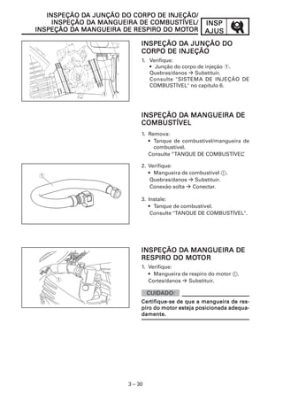 INSPINSPINSPINSPINSP
AJUSAJUSAJUSAJUSAJUS
3 – 30
INSPEÇÃO DINSPEÇÃO DINSPEÇÃO DINSPEÇÃO DINSPEÇÃO DA MANGUEIRA DEA MANGUEIRA DEA MANGUEIRA DEA MANGUEIRA DEA MANGUEIRA DE
COMBUSCOMBUSCOMBUSCOMBUSCOMBUSTÍVELTÍVELTÍVELTÍVELTÍVEL
1. Remova:
• Tanque de combustível/mangueira de
combustível.
Consulte “TANQUE DE COMBUSTÍVEL”.
2. Verifique:
• Mangueira de combustível 1.
Quebras/danos Substituir.
Conexão solta Conectar.
3. Instale:
• Tanque de combustível.
Consulte "TANQUE DE COMBUSTÍVEL".
INSPEÇÃO DINSPEÇÃO DINSPEÇÃO DINSPEÇÃO DINSPEÇÃO DA JUNÇÃO DO CORPO DE INJEÇÃO/A JUNÇÃO DO CORPO DE INJEÇÃO/A JUNÇÃO DO CORPO DE INJEÇÃO/A JUNÇÃO DO CORPO DE INJEÇÃO/A JUNÇÃO DO CORPO DE INJEÇÃO/
INSPEÇÃO DINSPEÇÃO DINSPEÇÃO DINSPEÇÃO DINSPEÇÃO DA MANGUEIRA DE COMBUSA MANGUEIRA DE COMBUSA MANGUEIRA DE COMBUSA MANGUEIRA DE COMBUSA MANGUEIRA DE COMBUSTÍVEL/TÍVEL/TÍVEL/TÍVEL/TÍVEL/
INSPEÇÃO DINSPEÇÃO DINSPEÇÃO DINSPEÇÃO DINSPEÇÃO DA MANGUEIRA DE RESPIRO DO MOA MANGUEIRA DE RESPIRO DO MOA MANGUEIRA DE RESPIRO DO MOA MANGUEIRA DE RESPIRO DO MOA MANGUEIRA DE RESPIRO DO MOTTTTTOROROROROR
INSPEÇÃO DINSPEÇÃO DINSPEÇÃO DINSPEÇÃO DINSPEÇÃO DA MANGUEIRA DEA MANGUEIRA DEA MANGUEIRA DEA MANGUEIRA DEA MANGUEIRA DE
RESPIRO DO MORESPIRO DO MORESPIRO DO MORESPIRO DO MORESPIRO DO MOTTTTTOROROROROR
1. Verifique:
• Mangueira de respiro do motor 1.
Cortes/danos Substituir.
CerCerCerCerCertifique-se de que a mangueira de res-tifique-se de que a mangueira de res-tifique-se de que a mangueira de res-tifique-se de que a mangueira de res-tifique-se de que a mangueira de res-
piro do motor esteja posicionada adequa-piro do motor esteja posicionada adequa-piro do motor esteja posicionada adequa-piro do motor esteja posicionada adequa-piro do motor esteja posicionada adequa-
damente.damente.damente.damente.damente.
1
INSPEÇÃO DINSPEÇÃO DINSPEÇÃO DINSPEÇÃO DINSPEÇÃO DA JUNÇÃO DOA JUNÇÃO DOA JUNÇÃO DOA JUNÇÃO DOA JUNÇÃO DO
CORPO DE INJEÇÃOCORPO DE INJEÇÃOCORPO DE INJEÇÃOCORPO DE INJEÇÃOCORPO DE INJEÇÃO
1. Verifique:
• Junção do corpo de injeção 1.
Quebras/danos Substituir.
Consulte "SISTEMA DE INJEÇÃO DE
COMBUSTÍVEL" no capítulo 6.
 