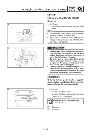 INSPINSPINSPINSPINSP
AJUSAJUSAJUSAJUSAJUS
3 – 32
INSPEÇÃO DO NÍVEL DE FLUIDO DE FREIOINSPEÇÃO DO NÍVEL DE FLUIDO DE FREIOINSPEÇÃO DO NÍVEL DE FLUIDO DE FREIOINSPEÇÃO DO NÍVEL DE FLUIDO DE FREIOINSPEÇÃO DO NÍVEL DE FLUIDO DE FREIO
CHACHACHACHACHASSISSISSISSISSI
NÍVEL DO FLUIDO DE FREIONÍVEL DO FLUIDO DE FREIONÍVEL DO FLUIDO DE FREIONÍVEL DO FLUIDO DE FREIONÍVEL DO FLUIDO DE FREIO
Dianteiro
1. Verifique:
• Posicione a motocicleta em um local
plano.
NONONONONOTTTTTA:A:A:A:A:
• Posicione a motocicleta na vertical ao exa-
minar o nível do fluido de freio.
• Ao examinar o nível do fluido de freio, cer-
tifique-se de que o topo do cilindro-mes-
tre está na horizontal.
2. Verifique:
• Nível do fluido de freio.
• Nível do fluido de freio abaixo da linha
“LOWER” 1 – completar.
È Dianteiro
É Traseiro
••••• Use apenas o fluido de freio recomendado,Use apenas o fluido de freio recomendado,Use apenas o fluido de freio recomendado,Use apenas o fluido de freio recomendado,Use apenas o fluido de freio recomendado,
caso contrário, os retentores da borcaso contrário, os retentores da borcaso contrário, os retentores da borcaso contrário, os retentores da borcaso contrário, os retentores da borracracracracrachahahahaha
podem deteriorarpodem deteriorarpodem deteriorarpodem deteriorarpodem deteriorar, causando vazamentos e, causando vazamentos e, causando vazamentos e, causando vazamentos e, causando vazamentos e
perda de eficiência na frenagem.perda de eficiência na frenagem.perda de eficiência na frenagem.perda de eficiência na frenagem.perda de eficiência na frenagem.
••••• Complete com o mesmo tipo de fluido deComplete com o mesmo tipo de fluido deComplete com o mesmo tipo de fluido deComplete com o mesmo tipo de fluido deComplete com o mesmo tipo de fluido de
freio; a mistura de fluidos pode causar rea-freio; a mistura de fluidos pode causar rea-freio; a mistura de fluidos pode causar rea-freio; a mistura de fluidos pode causar rea-freio; a mistura de fluidos pode causar rea-
ção química dos componentes e levar a umção química dos componentes e levar a umção química dos componentes e levar a umção química dos componentes e levar a umção química dos componentes e levar a um
mau rendimento de frenagem.mau rendimento de frenagem.mau rendimento de frenagem.mau rendimento de frenagem.mau rendimento de frenagem.
••••• CerCerCerCerCertifitifitifitifitifiquequequequeque-se de que não entrará água no ci--se de que não entrará água no ci--se de que não entrará água no ci--se de que não entrará água no ci--se de que não entrará água no ci-
lindro-mestre ao completá-lo.lindro-mestre ao completá-lo.lindro-mestre ao completá-lo.lindro-mestre ao completá-lo.lindro-mestre ao completá-lo. A água abai-A água abai-A água abai-A água abai-A água abai-
xa significatixa significatixa significatixa significatixa significativamente o ponto de ebuliçãovamente o ponto de ebuliçãovamente o ponto de ebuliçãovamente o ponto de ebuliçãovamente o ponto de ebulição
do fludo fludo fludo fludo fluiiiiido e pode causar tamponamento.do e pode causar tamponamento.do e pode causar tamponamento.do e pode causar tamponamento.do e pode causar tamponamento.
O fluido de freio pode danificar superfí-O fluido de freio pode danificar superfí-O fluido de freio pode danificar superfí-O fluido de freio pode danificar superfí-O fluido de freio pode danificar superfí-
cies pintadas ou plásticas. Limpe imedia-cies pintadas ou plásticas. Limpe imedia-cies pintadas ou plásticas. Limpe imedia-cies pintadas ou plásticas. Limpe imedia-cies pintadas ou plásticas. Limpe imedia-
tamente fluido de freio respingtamente fluido de freio respingtamente fluido de freio respingtamente fluido de freio respingtamente fluido de freio respingado.ado.ado.ado.ado.
Fluido de freio recomendadoFluido de freio recomendadoFluido de freio recomendadoFluido de freio recomendadoFluido de freio recomendado:::::
DODODODODOT Nº 4T Nº 4T Nº 4T Nº 4T Nº 4
È
É
È
 