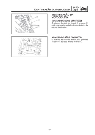 INFOINFOINFOINFOINFO
GERGERGERGERGER
1-1
X X X X X X X X X
1
IDENIDENIDENIDENIDENTIFICAÇÃO DTIFICAÇÃO DTIFICAÇÃO DTIFICAÇÃO DTIFICAÇÃO DAAAAA
MOMOMOMOMOTTTTTOCICLETOCICLETOCICLETOCICLETOCICLETAAAAA
NÚMERO DE SÉRIE DO CHANÚMERO DE SÉRIE DO CHANÚMERO DE SÉRIE DO CHANÚMERO DE SÉRIE DO CHANÚMERO DE SÉRIE DO CHASSISSISSISSISSI
O número de série do chassi 1 e o ano 2
está estampado no lado direito do tubo da
coluna de direção.
NÚMERO DE SÉRIE DO MONÚMERO DE SÉRIE DO MONÚMERO DE SÉRIE DO MONÚMERO DE SÉRIE DO MONÚMERO DE SÉRIE DO MOTTTTTOROROROROR
O número de série do motor está gravado
na carcaça do lado direito do motor.
IDENIDENIDENIDENIDENTIFICAÇÃO DTIFICAÇÃO DTIFICAÇÃO DTIFICAÇÃO DTIFICAÇÃO DA MOA MOA MOA MOA MOTTTTTOCICLETOCICLETOCICLETOCICLETOCICLETAAAAA
1
 