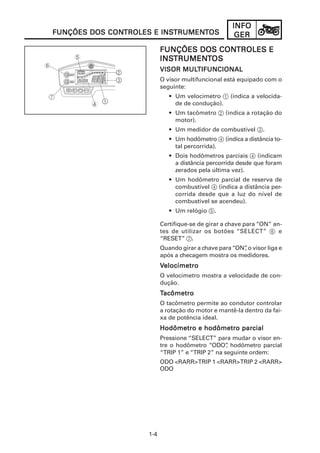 INFO
FUNÇÕES DOS CONTROLES E INSTRUMENTOS
            CONTROLES INSTRUMEN
                           TRUMENT                   GER
                                      CONTROLES
                          FUNÇÕES DOS CONTROLES E
                          INSTRUMEN
                             TRUMENT
                          INSTRUMENTOS
                                MULTIFUNCIONAL
                          VISOR MULTIFUNCIONAL
                          O visor multifuncional está equipado com o
                          seguinte:
                             • Um velocímetro 1 (indica a velocida-
                               de de condução).
                             • Um tacômetro 2 (indica a rotação do
                               motor).
                             • Um medidor de combustível 3.
                             • Um hodômetro 4 (indica a distância to-
                               tal percorrida).
                             • Dois hodômetros parciais 4 (indicam
                               a distância percorrida desde que foram
                               zerados pela última vez).
                             • Um hodômetro parcial de reserva de
                               combustível 4 (indica a distância per-
                               corrida desde que a luz do nível de
                               combustível se acendeu).
                             • Um relógio 5.

                          Certifique-se de girar a chave para “ON” an-
                          tes de utilizar os botões “SELECT” 6 e
                          “RESET” 7.
                          Quando girar a chave para “ON” o visor liga e
                                                       ,
                          após a checagem mostra os medidores.
                          Velocímetro
                          O velocímetro mostra a velocidade de con-
                          dução.
                          Tacômetro
                          O tacômetro permite ao condutor controlar
                          a rotação do motor e mantê-la dentro da fai-
                          xa de potência ideal.
                          Hodômetro e hodômetro parcial
                          Pressione “SELECT” para mudar o visor en-
                          tre o hodômetro “ODO” hodômetro parcial
                                                  ,
                          “TRIP 1” e “TRIP 2” na seguinte ordem:
                          ODO <RARR> TRIP 1 <RARR> TRIP 2 <RARR>
                          ODO




                    1-4
 