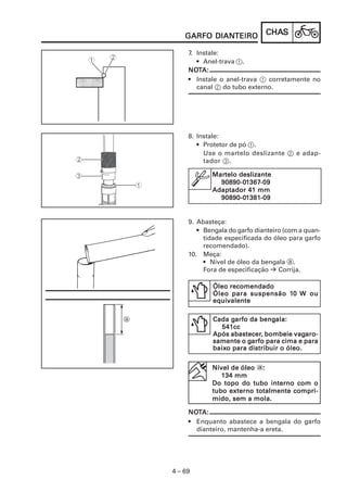 DIANTEIRO
    GARFO DIANTEIRO           CHAS
                              CHAS

     7. Instale:
        • Anel-trava 1.
     NOT
     NOTA:
     • Instale o anel-trava 1 corretamente no
        canal 2 do tubo externo.




     8. Instale:
        • Protetor de pó 1.
          Use o martelo deslizante 2 e adap-
          tador 3.

            Martelo deslizante
            Martelo
              90890-01367-09
              90890-01367-09
            Adaptador 41 mm
              90890-01381-09
              90890-01381-09


     9. Abasteça:
        • Bengala do garfo dianteiro (com a quan-
          tidade especificada do óleo para garfo
          recomendado).
     10. Meça:
          • Nível de óleo da bengala a.
          Fora de especificação    Corrija.

             Óleo recomendado
                                 10
             Óleo para suspensão 10 W ou
             equivalente
             equivalente

                   garfo    bengala:
             Cada garfo da bengala:
                541cc
                   abastecer,          vagaro-
             Após abastecer, bombeie vagaro-
                        garfo
             samente o garfo para cima e para
             baixo
             baixo para distribuir o óleo.


            Nível de óleo a:
                           :
               134 mm
            Do topo do tubo interno com o
            tubo externo totalmente compri-
            mido, sem a mola.

     NOTA:
     NOT
     • Enquanto abastece a bengala do garfo
       dianteiro, mantenha-a ereta.




4 – 69
 