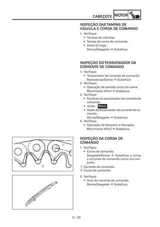 CABEÇOTE MOT
                      CABEÇOTE MOTOR

                      DA AMPA
             INSPEÇÃO DAS TAMPAS DE
             VÁLVULA COROA
             VÁLVULA E COROA DE COMANDO
             1. Verifique:
                • Tampas de válvulas.
                • Tampa da coroa de comando.
                • Anéis O-rings.
                  Danos/Desgaste    Substitua.



                                     DA
             INSPEÇÃO DO TENSIONADOR DA
             CORRENTE DE COMANDO
             CORRENTE
             1. Verifique:
                • Tensionador da corrente de comando.
                  Rachaduras/Danos     Substituir.
             2. Verifique:
                • Operação de sentido único do came.
                  Movimento difícil   Substitua.
             3. Verifique:
                • Parafuso do tensionador da corrente de
                  comando.
                           Nov
                • Junta. Novo
                • Haste do tensionador da corrente de co-
                  mando.
                  Danos/Desgaste     Substitua.
             4. Verifique:
                • Operação de bloqueio e liberação.
                  Movimento difícil   Substitua.


                      DA COROA
             INSPEÇÃO DA COROA DE
             COMANDO
    1
             1. Verifique:
                • Coroa de comando.
                  Desgaste/Danos     Substitua a coroa
                  e corrente de comando como um con-
                  junto.
2            1 Corrente de comando.
             2 Coroa de comando.

             2. Verifique:
                • Guia da corrente de comando.
                  Danos/Desgaste     Substitua.




        5 – 20
 