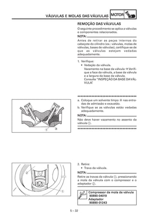 VULAS MOLAS DA VÁLVULA MOT
    VÁLVULAS E MOLAS DAS VÁLVULAS MOTOR
    VÁLVULA                 VULAS

                             DA VÁLVULA
                                    VULAS
                     REMOÇÃO DAS VÁLVULAS
                     O seguinte procedimento se aplica a válvulas
                     e componentes relacionados.
                     NOT
                     NOTA:
                     Antes de retirar as peças internas do
                     cabeçote do cilindro (ex.: válvulas, molas de
                     válvulas, bases de válvulas), certifique-se de
                     que as válvulas estejam vedadas
                     adequadamente.

                     1. Verifique:
                        • Vedação da válvula.
                          Vazamento na base da válvula Verifi-
                          que a face da válvula, a base da válvula
                          e a largura da base da válvula.
                          Consulte “INSPEÇÃO DA BASE DA VÁL-
                          VULA”  .



                     **************************************
                     a. Coloque um solvente limpo a nas entra-
                        das de admissão e exaustão.
                     b. Verifique se as válvulas estão vedadas
                        adequadamente.
                     NOTA:
                     NOT
                     Não deve haver vazamento no assento da
                     válvula 1.

    1   a            **************************************




                     2. Retire:
                        • Trava da válvula.
2                    NOTA:
                     NOT
                     Retire as travas da válvula 1, pressionando
                     a mola da válvula com o compressor e o
                     adaptador 2.

            1                Compressor da mola da válvula
                             90890-0401
                             90890-04019
                             Adaptador
                             90890-01
                             90890-01243

                5 – 32
 