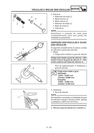 VULAS MOLAS DA VÁLVULA MOT
            VÁLVULAS E MOLAS DAS VÁLVULAS MOTOR
            VÁLVULA                 VULAS

                             3. Remova:
            4                   • Retenção da mola 1.
                5               • Mola externa 2.
1                               • Mola interna 3.
    2               6           • Retentor da haste 4.
                                • Base da mola 5.
        3
                                • Válvula 6.
                             NOTA:
                             NOT
                             Identifique a posição de cada peça
                             cuidadosamente, para que possa ser
                             instalada corretamente.

                                      DA VÁLVULA
                                             VULAS GUIAS
                             INSPEÇÃO DAS VÁLVULAS E GUIAS
                             DAS VÁLVULAS
                                 VÁLVULA
                                    VULAS
                             O seguinte procedimento se aplica a todas
        a                    as válvulas e guias das válvulas.
                             1. Meça:
                                • Folga entre a haste e a guia da válvula

                                 Folga entre haste e guia da válvula = diâ-
                                  olga
                                                                     -
                                 metro interno do guia da válvula a diâ-
                                 metro externo da haste da válvula b.  .

                                     Fora de especificação     Substitua o
            b                        guia da válvula.

                                        Folga entre haste e guia
                                         olga
                                        Admissão
                                         0,01
                                         0,010 ~ 0,037 mm
                                        <limite>: 0,080 mm
                                        Exaustão
                                         0,025 ~ 0,052 mm
                                                  0,10
                                        <limite>: 0,10 0 mm


                             2. Substitua:
                                • Guia da válvula.
                             NOTA:
                             NOT
    1                        Para facilitar a remoção e a instalação da guia
                             da válvula e manter o ajuste correto, aqueça
                             o cabeçote a 100ºC em um forno.

                             **************************************
                             a. Remova a guia da válvula com o extrator 1.




                        5 – 33
 