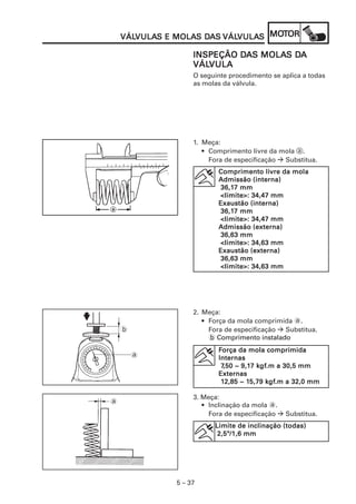 VULAS MOLAS DA VÁLVULA MOT
    VÁLVULAS E MOLAS DAS VÁLVULAS MOTOR
    VÁLVULA                 VULAS

                            DA MOLAS DA
                   INSPEÇÃO DAS MOLAS DA
                   VÁLVULA
                   VÁLVULA
                   O seguinte procedimento se aplica a todas
                   as molas da válvula.




                   1. Meça:
                      • Comprimento livre da mola a.
                        Fora de especificação Substitua.
                                        livre
                          Comprimento livre da mola
                          Admissão (interna)
                           36,17
                          36,17 mm
                          <limite>: 34,47 mm
                          Exaustão (interna)
                          36,17 mm
                           36,17
                          <limite>: 34,47 mm
                          Admissão (externa)
                          36,63 mm
                          <limite>: 34,63 mm
                          Exaustão (externa)
                          36,63 mm
                          <limite>: 34,63 mm




                   2. Meça:
                      • Força da mola comprimida a.
    b                   Fora de especificação Substitua.
                        b Comprimento instalado
                          Força da mola comprimida
        a                 Internas
                           7,50 9,17 kgfgf.m
                           7,50 ~ 9,17 kgf.m a 30,5 mm
                          Externas
                           12,85 15,79 kgf gf.m
                           12,85 ~ 15,79 kgf.m a 32,0 mm

                   3. Meça:
a
                      • Inclinação da mola a.
                        Fora de especificação   Substitua.
                         Limite de inclinação (todas)
                          2,5º/1,6 mm




              5 – 37
 