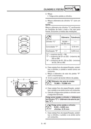 PISTÃO MOT
           CILINDRO E PISTÃO MOTOR

             2. Meça:
                • Folga entre pistão e cilindro.
             *************************************
             a. Meça o diâmetro do cilindro “C” com um
                súbito.
             NOT
             NOTA:
             Meça o diâmetro do cilindro “C” verificando
                                            ,
             as medidas de lado a lado e de trás para
             frente. Encontre a média das medições.


                                     Diâmetro    Tolerância

                 Cilindro “C”        74,000 ~        -----
                                    74,100 mm
                 Conicidade “T”         -----     0,10 mm

                 Ovalização “R”         -----     0,010 mm

                 “C” = máximo de D1 ~ D6
                 “T” = (máximo de D1 ou D2) - (máximo de
                        D5 ou D6)
                 “R” = (máximo de D1, D3 ou D5) - (mínimo
                        de D2, D4 ou D6)

             b. Caso esteja fora da especificação, substi-
                tua o cilindro, o pistão e anéis como um
                conjunto.
             c. Meça o diâmetro da saia do pistão “P”
                com o micrômetro.
             a 5 mm a partir da borda inferior do pistão.
    P
a                       Diâmetro da saia do pistão
                           73,983 ~ 73,998 mm

             d. Caso esteja fora da especificação, substi-
                tua o pistão e os anéis como um conjunto.
             e. Calcule a folga entre pistão e cilindro com
                a seguinte fórmula:
                 Folga entre pistão e cilindro = (diâmetro
                  olga
                 do cilindro “C”) - (diâmetro da saia do pis-
                 tão “P”)

                        Folga entre pistão e cilindro
                         olga
                           0,01
                           0,010 ~ 0,025 mm
                                     0,15
                           <limite>: 0,15 mm

             f. Caso esteja fora da especificação, substi-
                tua o cilindro, o pistão e os anéis como
                um conjunto.
             *************************************

        5 – 42
 
