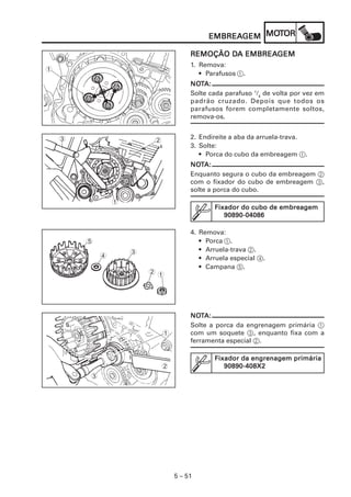 EMBREAGEM MOT
                                          EMBREAGEM MOTOR

                                             DA EMBREAGEM
                                     REMOÇÃO DA EMBREAGEM
                                     1. Remova:
1
                                        • Parafusos 1.
                                     NOTA:
                                     NOT
                                     Solte cada parafuso 1/4 de volta por vez em
                                     padrão cruzado. Depois que todos os
                                     parafusos forem completamente soltos,
                                     remova-os.


    3                                2. Endireite a aba da arruela-trava.
                        2
                                     3. Solte:
                                        • Porca do cubo da embreagem 1.
                                     NOTA:
                                     NOT
                                     Enquanto segura o cubo da embreagem 2
                                     com o fixador do cubo de embreagem 3,
                                     solte a porca do cubo.
                1
                                            Fixador do cubo de embreagem
                                               90890-04086

                                     4. Remova:
        5                               • Porca 1.
                    3                   • Arruela-trava 2.
            4                           • Arruela especial 4.
                                        • Campana 5.
                        21




                                     NOTA:
                                     NOT
                                     Solte a porca da engrenagem primária 1
                            1        com um soquete 3, enquanto fixa com a
                                     ferramenta especial 2.

                                            Fixador da engrenagem primária
                            2                  90890-408X2
        3




                                5 – 51
 