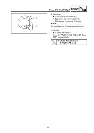 MUDANÇA MOT
           EIXO DE MUDANÇA MOTOR
           EIXO

             2. Verifique:
                • Gatilho de acionamento 1.
a   2
                • Segmento do trambulador 2.
                  Dificuldade no engate Ajuste.
             NOT
             NOTA:
b   1        As medidas a e b devem ser idênticas.

             3. Instale:
                • O pedal de câmbio.
                Consulte “AJUSTE DO PEDAL DE CÂM-
                BIO” no capítulo 3.

                    Parafuso da articulação:
                                 articulação:
                           kgf
                            gf.m (10
                       1,0 kgf.m (10 N.m)




        5 – 71
 