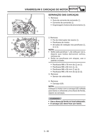 VIRABREQUIM CARCAÇAS      MOT   MOT
                VIRABREQUIM E CARCAÇAS DO MOTOR MOTOR

                                         SEPARAÇÃO DAS CARCAÇAS
                                         SEPARAÇÃO DA CARCAÇAS
                                         1. Remova:
                1
                                            • Guia da corrente de comando 1.
                                            • Corrente de comando 2.
                                            • Engrenagem motora de sincronismo 3.
                            2
                            3


            3               4            2. Remova:
2                               5           • Fio do interruptor de neutro 1.
9                                           • Parafusos do motor.
                                            • Arruelas de vedação nos parafusos 2,
                                              3 e 4.
                                0
6                                        NOTA:
                                         NOT
                                A        • Solte cada parafuso 1/4 de volta por vez e,
    8                                      depois que todos estiverem soltos,
        7       C   B   1                  remova-os.
                                         • Solte os parafusos em etapas, use o
                                           padrão cruzado.

                                            • Parafusos M6 x 70 mm do 2 ao 4.
                                            • Parafusos M6 x 60 mm 5, 6.
                                            • Parafusos M6 x 55 mm 7 ao 9.
                                            • Parafusos M6 x 45 mm do 0 ao C.
                                         3. Remova:
                                            • Sensor de velocidade.

                                         4. Remova:
                                            • Carcaça (LD).
                                         NOTA:
                                         NOT
                                         Coloque o motor com a carcaça (LE) voltada
                                         para baixo e utilizando uma chave de fenda,
                                         separe as carcaças.



                                                 chave
                                         • Use a chave de fenda no local adequado.
                                                                         baixo.
                                         • A carcaça (LE) deve ficar por baixo.




                                    5 – 80
 