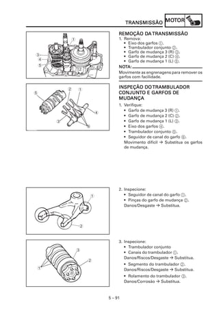 MOT
                                  TRANSMISSÃO MOTOR

                                      DA
                              REMOÇÃO DA TRANSMISSÃO
         1                    1. Remova:
                                 • Eixo dos garfos 1.
                                 • Trambulador conjunto 2.
                                 • Garfo de mudança 3 (R) 3.
3                                • Garfo de mudança 2 (C) 4.
 4                               • Garfo de mudança 1 (L) 5.
 5                            NOT
                              NOTA:
             2
                              Movimente as engrenagens para remover os
                              garfos com facilidade.


         2   1
                              INSPEÇÃO DO TRAMBULADOR
5                             CONJUNT
                              CONJUNTO E GARFOS DE
                              MUDANÇA
                              MUDANÇA
                              1. Verifique:
                                 • Garfo de mudança 3 (R) 1.
                     4
                                 • Garfo de mudança 2 (C) 2.
     3                           • Garfo de mudança 1 (L) 3.
                 6               • Eixo dos garfos 4.
                                 • Trambulador conjunto 5.
                                 • Seguidor de canal do garfo 6.
                                 Movimento difícil    Substitua os garfos
                                 de mudança.




                              2. Inspecione:
                 1               • Seguidor de canal do garfo 1.
                                 • Pinças do garfo de mudança 2.
                                 Danos/Desgaste     Substitua.




             2


                              3. Inspecione:
                                 • Trambulador conjunto
             3
                                 • Canais do trambulador 1.
                                 Danos/Riscos/Desgaste   Substitua.
                 2
                                  • Segmento do trambulador 2.
1                                 Danos/Riscos/Desgaste  Substitua.
                                  • Rolamento do trambulador 3.
                                  Danos/Corrosão    Substitua.



                         5 – 91
 