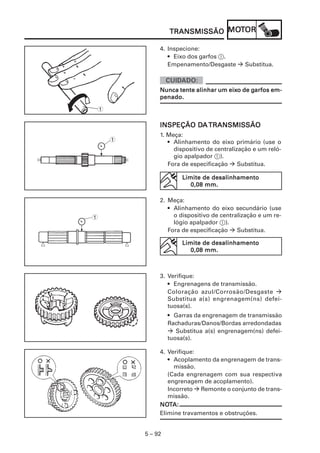 MOT
                 TRANSMISSÃO MOTOR

             4. Inspecione:
                • Eixo dos garfos 1.
                Empenamento/Desgaste       Substitua.



                                    eixo    garfos
             Nunca tente alinhar um eixo de garfos em-
             penado.

1

             INSPEÇÃO DA TRANSMISSÃO
                      DA
             1. Meça:
    1           • Alinhamento do eixo primário (use o
                  dispositivo de centralização e um reló-
                  gio apalpador 1).
                Fora de especificação     Substitua.

                     Limite de desalinhamento
                        0,08 mm.

             2. Meça:
                • Alinhamento do eixo secundário (use
1                 o dispositivo de centralização e um re-
                  lógio apalpador 1).
                Fora de especificação    Substitua.

                     Limite de desalinhamento
                        0,08 mm.



             3. Verifique:
                • Engrenagens de transmissão.
                Coloração azul/Corrosão/Desgaste
                Substitua a(s) engrenagem(ns) defei-
                tuosa(s).
                 • Garras da engrenagem de transmissão
                 Rachaduras/Danos/Bordas arredondadas
                    Substitua a(s) engrenagem(ns) defei-
                 tuosa(s).

             4. Verifique:
                • Acoplamento da engrenagem de trans-
                  missão.
                (Cada engrenagem com sua respectiva
                engrenagem de acoplamento).
                Incorreto Remonte o conjunto de trans-
                missão.
             NOT
             NOTA:
             Elimine travamentos e obstruções.


        5 – 92
 