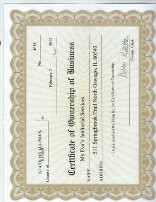 Ms. Eva's Janitorial Service Certificate