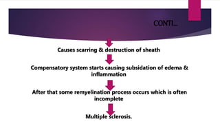 CONTI…
Causes scarring & destruction of sheath
Compensatory system starts causing subsidation of edema &
inflammation
After that some remyelination process occurs which is often
incomplete
Multiple sclerosis.
 