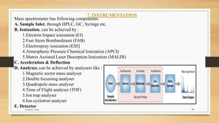 14
7. INSTRUMENTATION
Mass spectrometer has following components:
A. Sample Inlet, through HPLC, GC, Syringe etc.
B. Ionization, can be achieved by :
1.Electron Impact ionization (EI)
2.Fast Atom Bombardment (FAB)
3.Electrospray ionization (ESI)
4.Atmospheric Pressure Chemical Ionization (APCI)
5.Matrix Assisted Laser Desorption Ionization (MALDI)
C. Acceleration & Deflection
D. Analyser, can be achieved by analysers like :
1.Magnetic sector mass analyser
2.Double focussing analyser
3.Quadrupole mass analyser
4.Time of Flight analyser (TOF)
5.Ion trap analyser
6.Ion cyclotron analyser
E. Detector
Anubhav Gupta
 