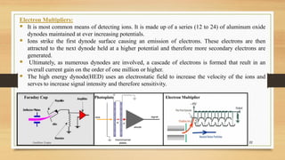 22
Electron Multipliers:
▪ It is most common means of detecting ions. It is made up of a series (12 to 24) of aluminum oxide
dynodes maintained at ever increasing potentials.
▪ Ions strike the first dynode surface causing an emission of electrons. These electrons are then
attracted to the next dynode held at a higher potential and therefore more secondary electrons are
generated.
▪ Ultimately, as numerous dynodes are involved, a cascade of electrons is formed that reult in an
overall current gain on the order of one million or higher.
▪ The high energy dynode(HED) uses an electrostatic field to increase the velocity of the ions and
serves to increase signal intensity and therefore sensitivity.
Faraday Cup Photoplate Electron Multiplier
Anubhav Gupta
 