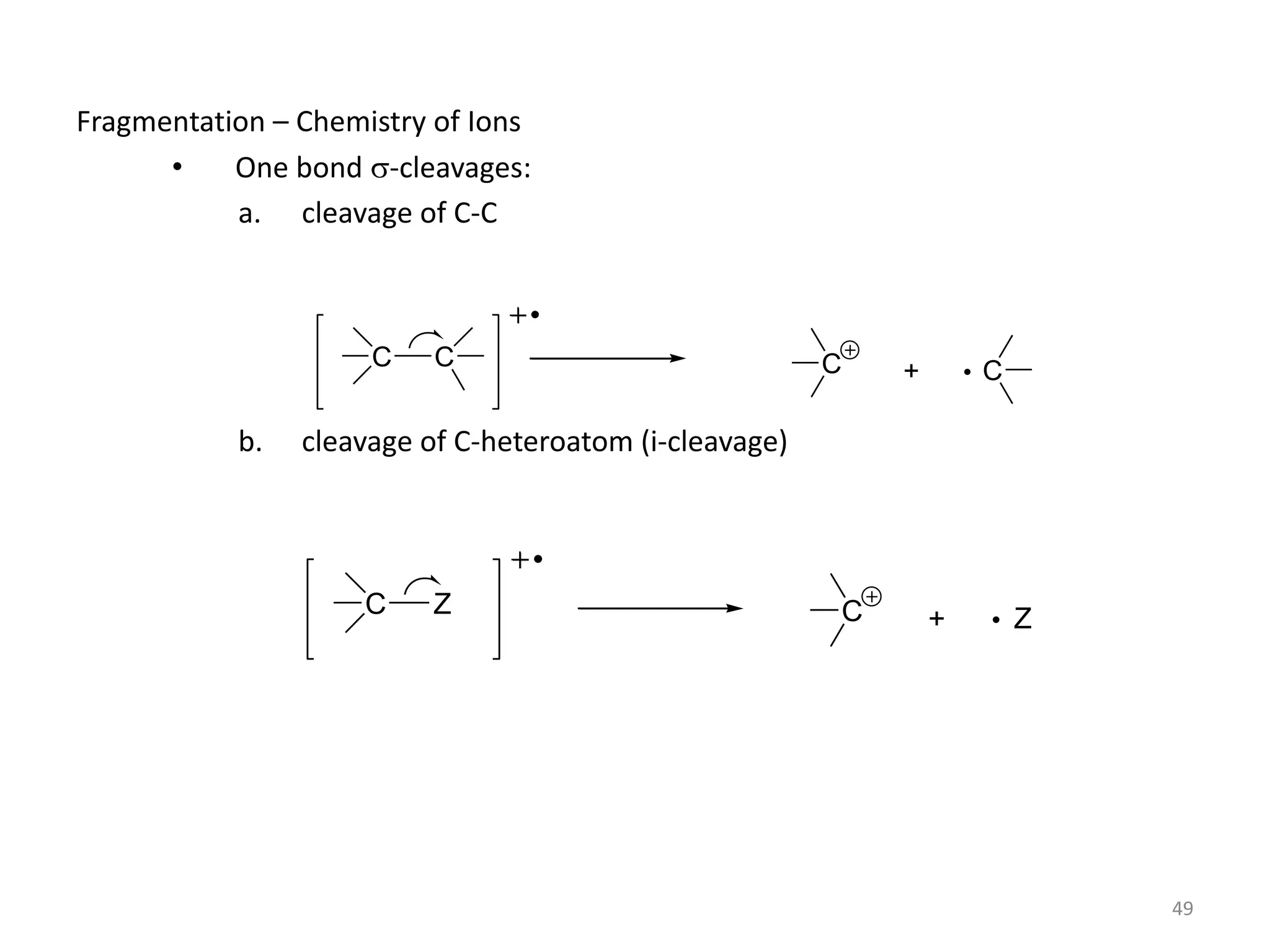 Fragmentation – Chemistry of Ions
• One bond s-cleavages:
a. cleavage of C-C
b. cleavage of C-heteroatom (i-cleavage)
C C C C
+
C Z C Z
+
49
 