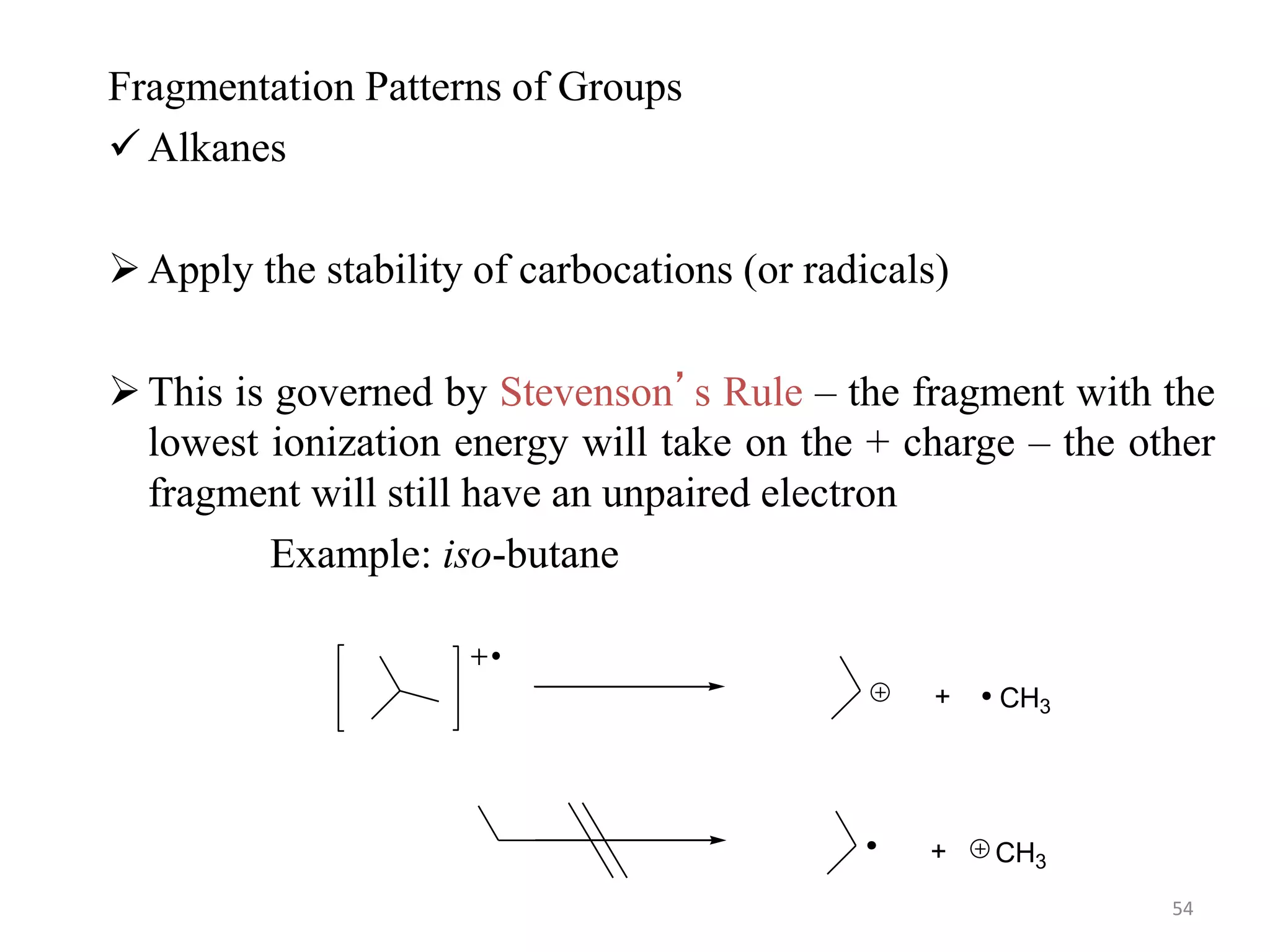 Fragmentation Patterns of Groups
 Alkanes
Apply the stability of carbocations (or radicals)
This is governed by Stevenson’s Rule – the fragment with the
lowest ionization energy will take on the + charge – the other
fragment will still have an unpaired electron
Example: iso-butane
CH3
+
CH3
+
54
 