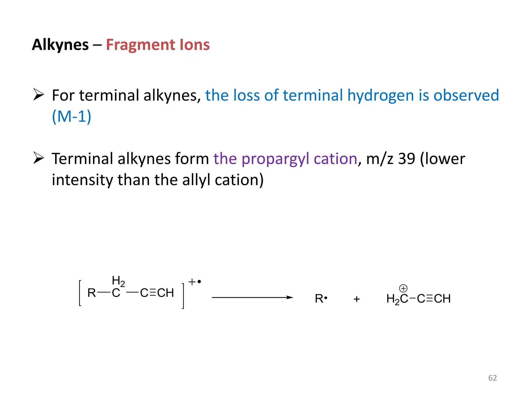 Alkynes – Fragment Ions
 For terminal alkynes, the loss of terminal hydrogen is observed
(M-1)
 Terminal alkynes form the propargyl cation, m/z 39 (lower
intensity than the allyl cation)
R
H2
C
+
R
C CH H2C C CH
62
 