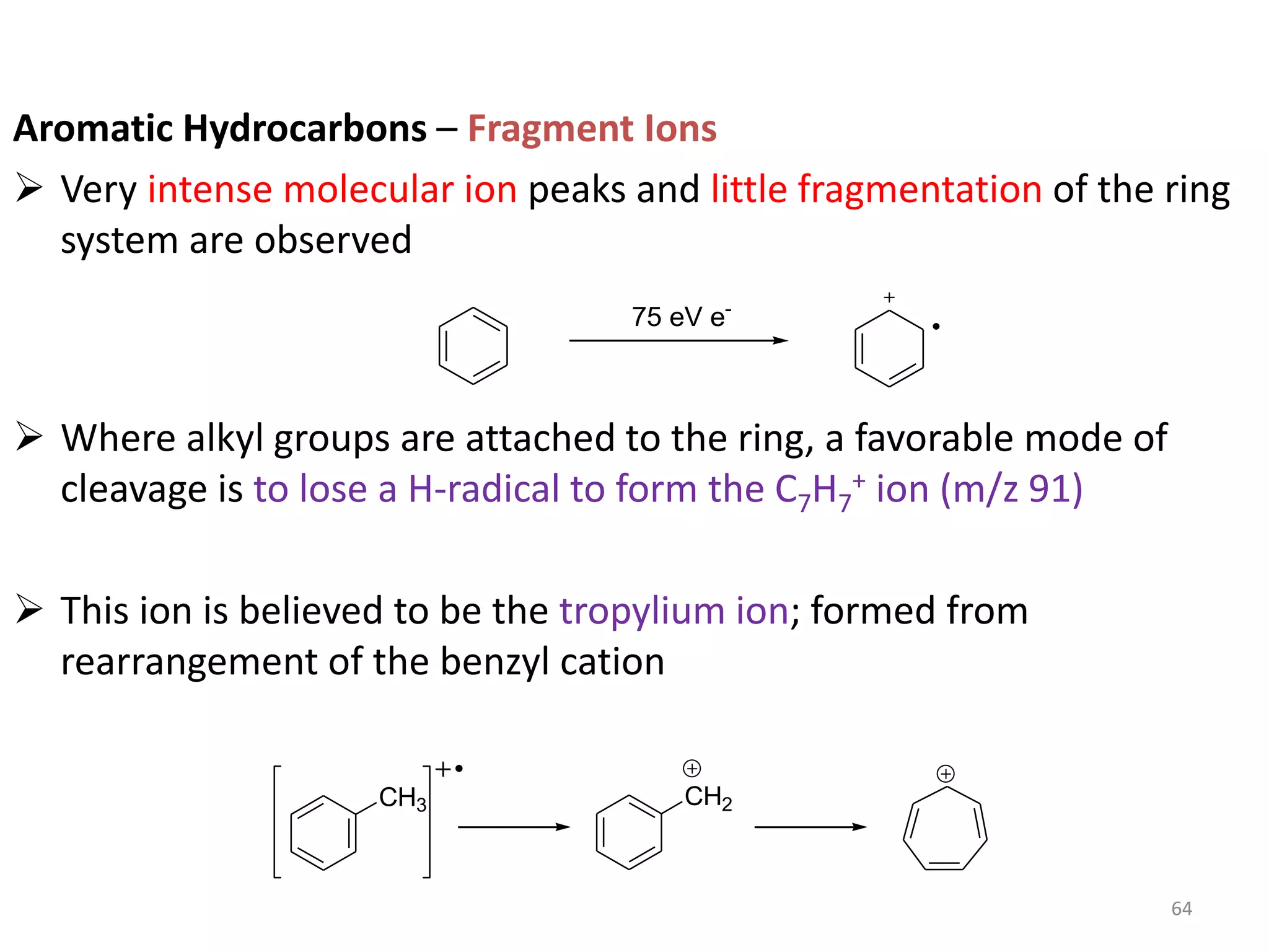 Aromatic Hydrocarbons – Fragment Ions
 Very intense molecular ion peaks and little fragmentation of the ring
system are observed
 Where alkyl groups are attached to the ring, a favorable mode of
cleavage is to lose a H-radical to form the C7H7
+ ion (m/z 91)
 This ion is believed to be the tropylium ion; formed from
rearrangement of the benzyl cation
CH2
CH3
75 eV e-
64
 
