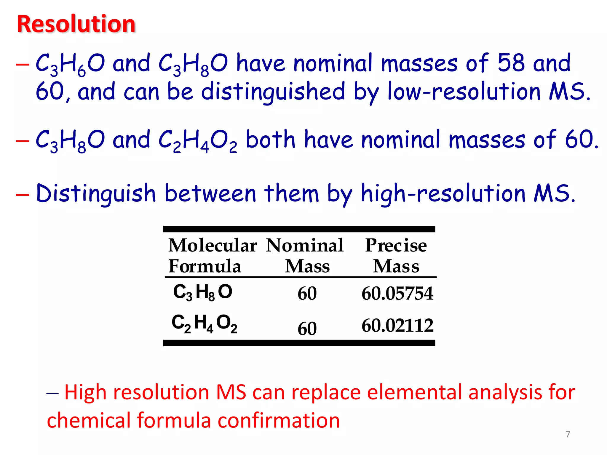 – C3H6O and C3H8O have nominal masses of 58 and
60, and can be distinguished by low-resolution MS.
– C3H8O and C2H4O2 both have nominal masses of 60.
– Distinguish between them by high-resolution MS.
C2 H4 O2
C3 H8 O
60.02112
60.05754
60
60
Molecular
Formula
Nominal
Mass
Precise
Mass
Resolution
– High resolution MS can replace elemental analysis for
chemical formula confirmation 7
 