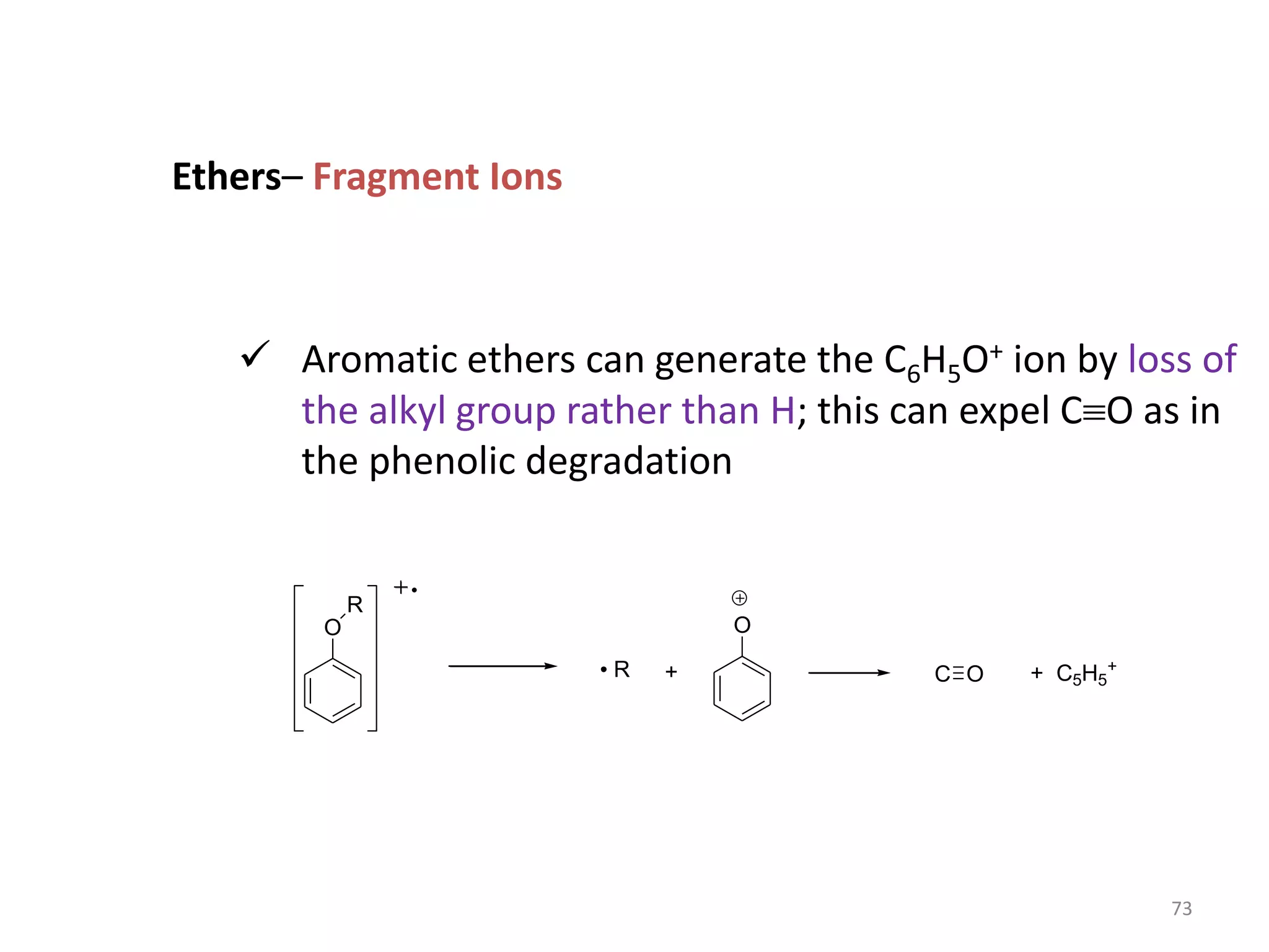 Ethers– Fragment Ions
 Aromatic ethers can generate the C6H5O+ ion by loss of
the alkyl group rather than H; this can expel CO as in
the phenolic degradation
O
R
O
R + C O + C5H5
+
73
 