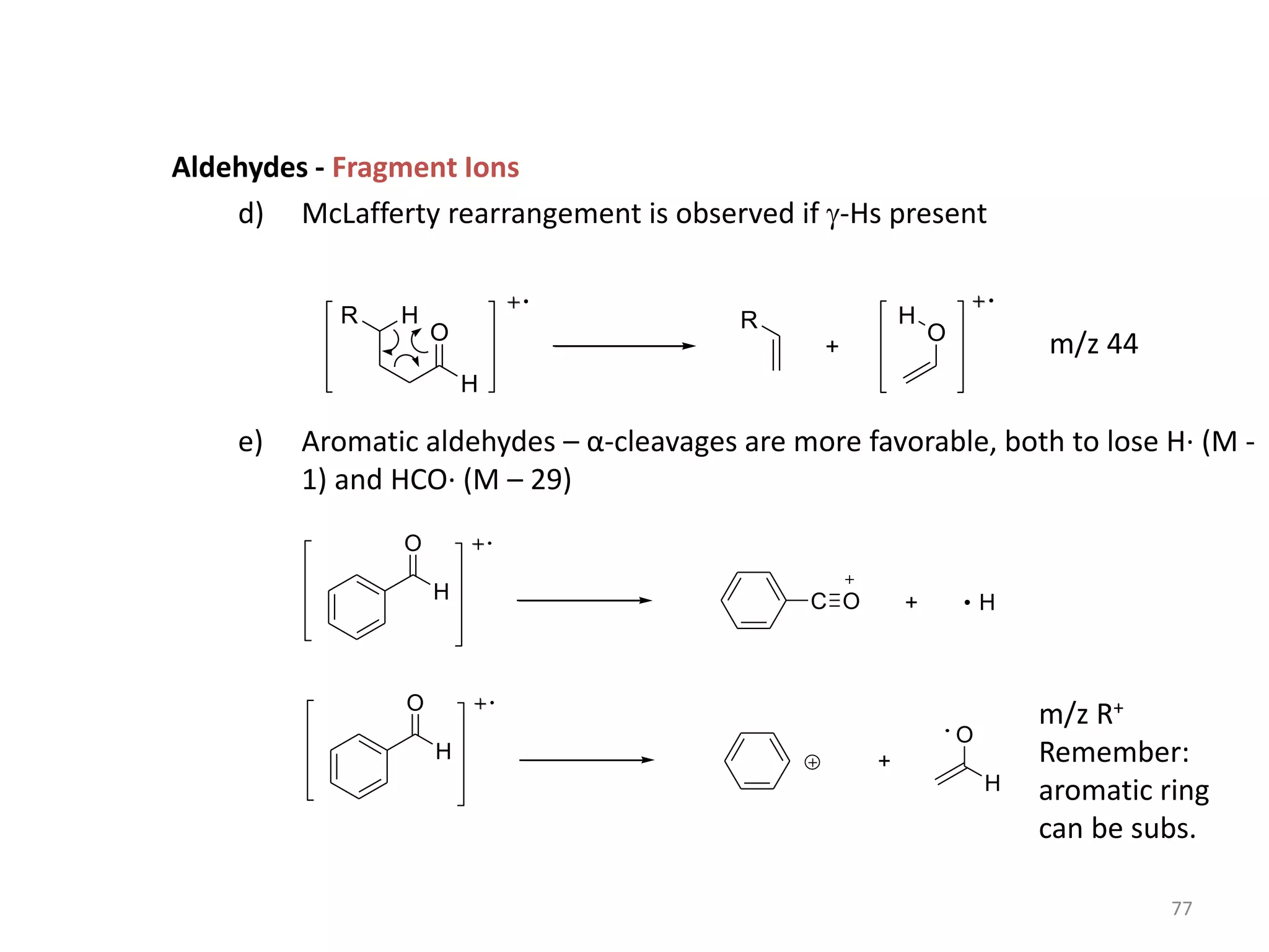 Aldehydes - Fragment Ions
d) McLafferty rearrangement is observed if -Hs present
e) Aromatic aldehydes – α-cleavages are more favorable, both to lose H· (M -
1) and HCO· (M – 29)
m/z 44
m/z R+
Remember:
aromatic ring
can be subs.
+
O
H
H
R
O
H
R
C O + H
H
O
O
H
+
O
H
77
 