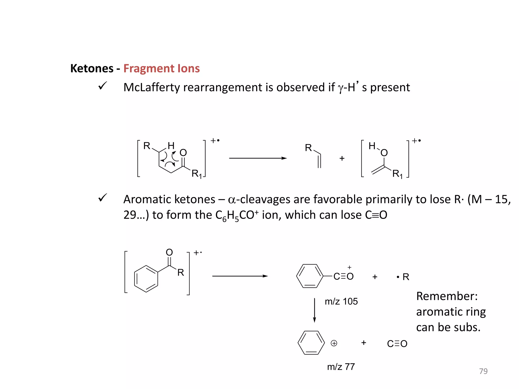 Ketones - Fragment Ions
 McLafferty rearrangement is observed if -H’s present
 Aromatic ketones – a-cleavages are favorable primarily to lose R· (M – 15,
29…) to form the C6H5CO+ ion, which can lose CO
Remember:
aromatic ring
can be subs.
+
O
R1
H
R
O
H
R
R1
C O + R
O
R
+ C O
m/z 105
m/z 77 79
 