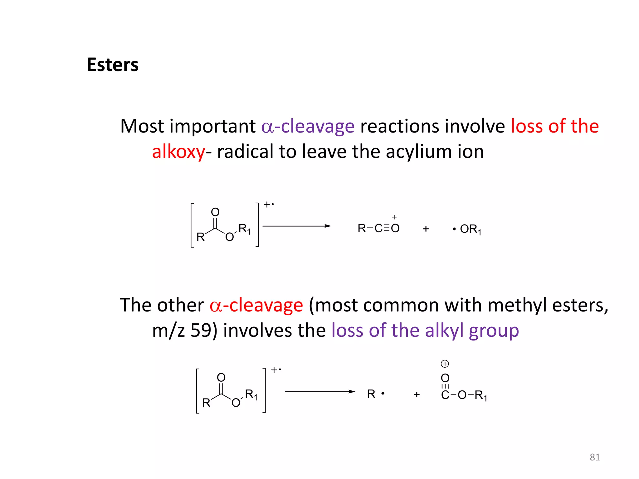 Esters
Most important a-cleavage reactions involve loss of the
alkoxy- radical to leave the acylium ion
The other a-cleavage (most common with methyl esters,
m/z 59) involves the loss of the alkyl group
R
R1
O
R C O + OR1
O
R
R1
O
R C
O
+
O
O R1
81
 