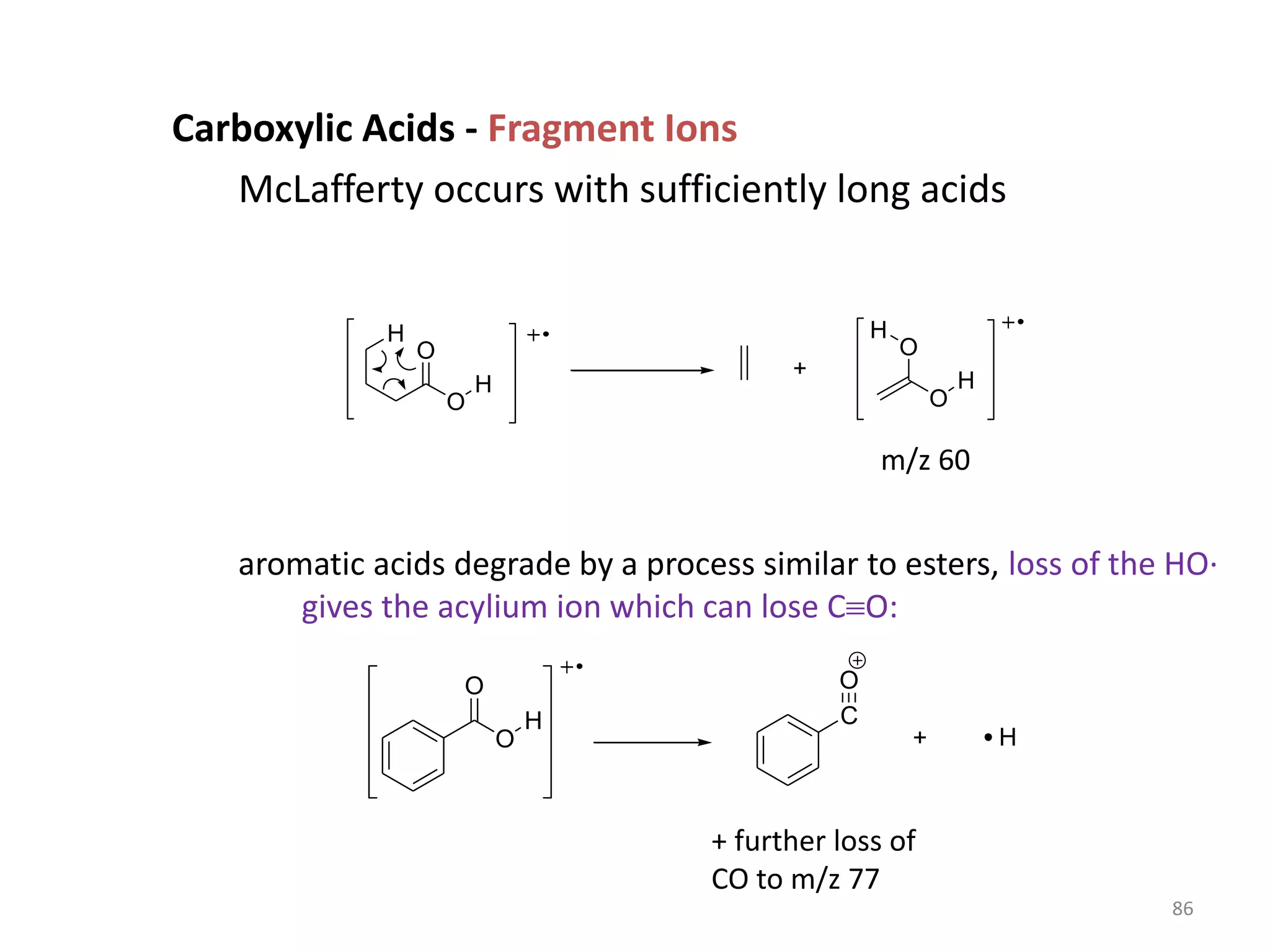 Carboxylic Acids - Fragment Ions
McLafferty occurs with sufficiently long acids
aromatic acids degrade by a process similar to esters, loss of the HO·
gives the acylium ion which can lose CO:
H
O
+
O
H
H
O
O
H
m/z 60
H
O
H
O
C
O
+
+ further loss of
CO to m/z 77
86
 