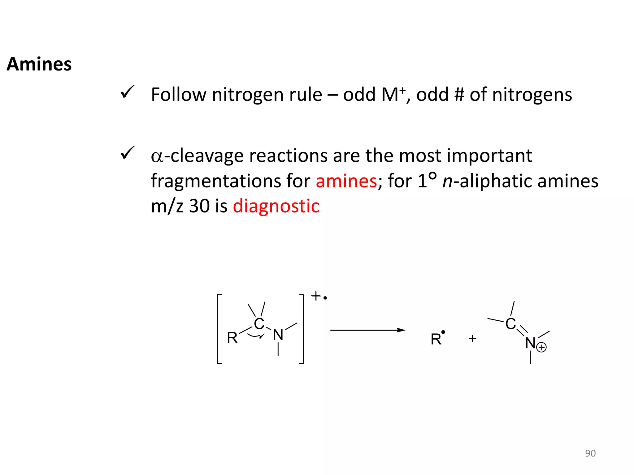 Amines
 Follow nitrogen rule – odd M+, odd # of nitrogens
 a-cleavage reactions are the most important
fragmentations for amines; for 1° n-aliphatic amines
m/z 30 is diagnostic
R
C
N R
C
N
+
90
 