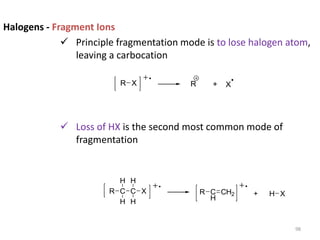 Halogens - Fragment Ions
 Principle fragmentation mode is to lose halogen atom,
leaving a carbocation
 Loss of HX is the second most common mode of
fragmentation
R + X
R X
R +
C X
C
R
H
H H
H
C
H
CH2 H X
98
 