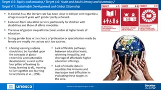 Target 4.5: Equity and Inclusion / Target 4.6: Youth and Adult Literacy and Numeracy /
Target 4.7: Sustainable Development and Global Citizenship
▪ In Central Asia, the literacy rate has been close to 100 per cent regardless
of age in recent years with gender parity achieved.
▪ Exclusion from education persists, particularly for children with
disabilities and those of ethnic minorities
▪ The issue of gender inequality becomes visible at higher levels of
education.
▪ Strong gender bias in the choice of profession or specialization made by
female are mostly the sectors with low salaries.
▪ Lifelong learning systems
should also be founded upon
the concepts of global
citizenship and sustainable
development, as well as the
four pillars of learning to
know, learning to do, learning
to live together and learning
to be (Delors et al., 1996).
▪ Lack of flexible pathways
between education levels,
widening inequality, and
shortage of affordable higher
education offerings.
▪ Lack of reliable data in
countries like Armenia and
Azerbaijan lead difficulties in
evaluating these targets in
the area.
Overview on Sub-regional Progress on SDG 4
 