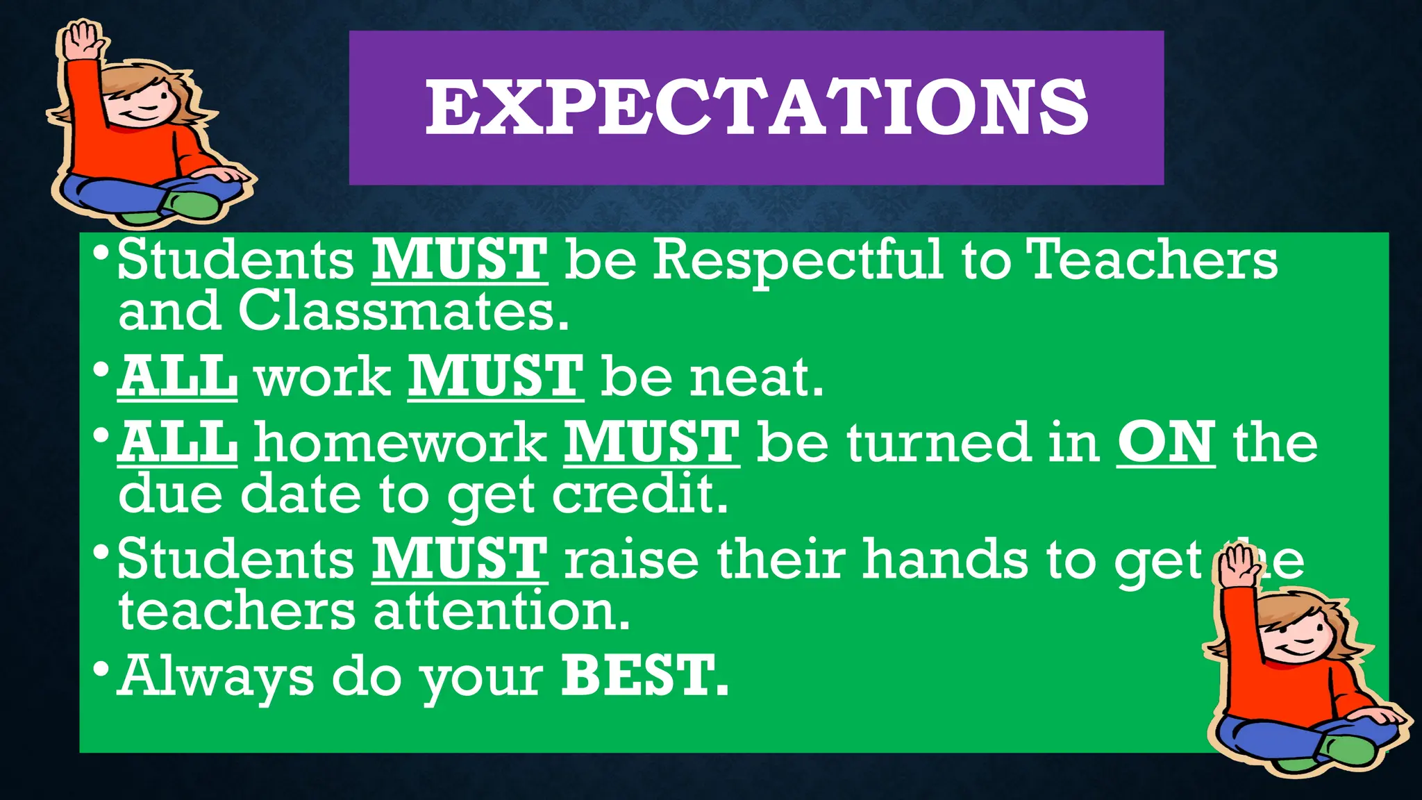 EXPECTATIONS
•Students MUST be Respectful to Teachers
and Classmates.
•ALL work MUST be neat.
•ALL homework MUST be turned in ON the
due date to get credit.
•Students MUST raise their hands to get the
teachers attention.
•Always do your BEST.
 