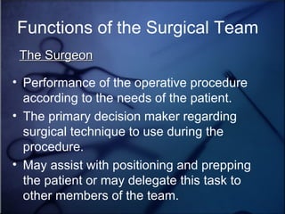 Functions of the Surgical Team Performance of the operative procedure according to the needs of the patient. The primary decision maker regarding surgical technique to use during the procedure. May assist with positioning and prepping the patient or may delegate this task to other members of the team.  The Surgeon 
