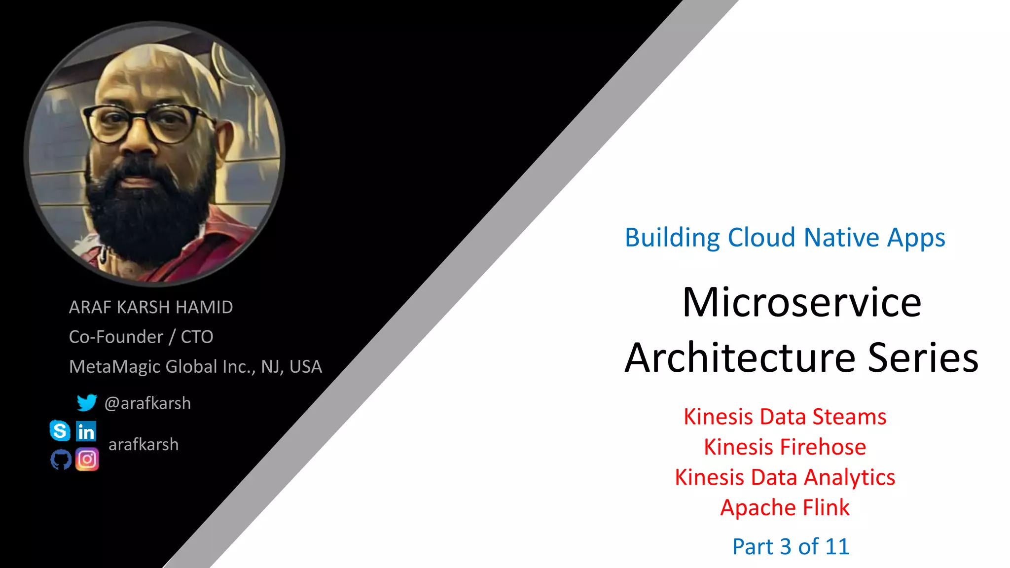 @arafkarsh arafkarsh
ARAF KARSH HAMID
Co-Founder / CTO
MetaMagic Global Inc., NJ, USA
@arafkarsh
arafkarsh
Microservice
Architecture Series
Building Cloud Native Apps
Kinesis Data Steams
Kinesis Firehose
Kinesis Data Analytics
Apache Flink
Part 3 of 11
 