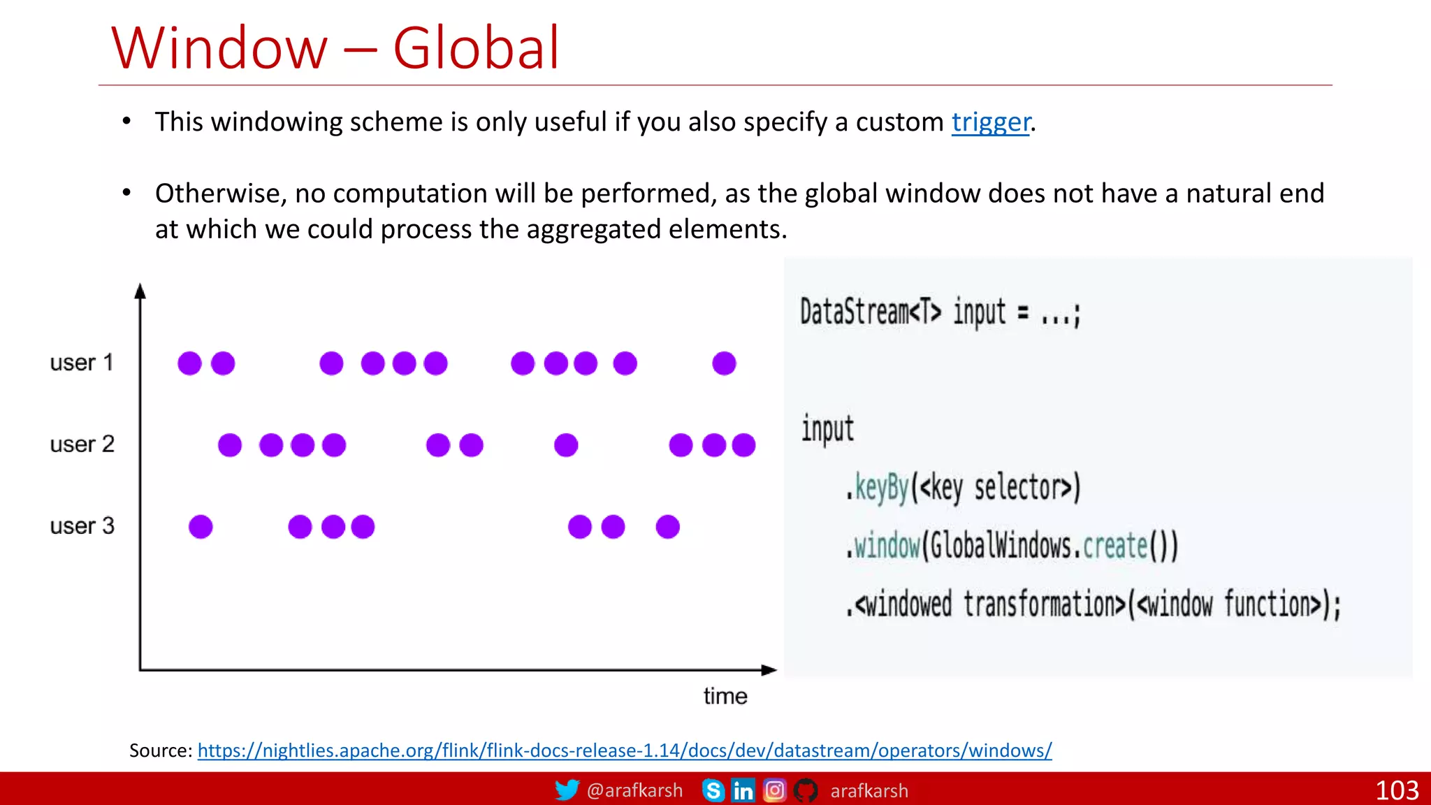 @arafkarsh arafkarsh
Window – Global
103
• This windowing scheme is only useful if you also specify a custom trigger.
• Otherwise, no computation will be performed, as the global window does not have a natural end
at which we could process the aggregated elements.
Source: https://nightlies.apache.org/flink/flink-docs-release-1.14/docs/dev/datastream/operators/windows/
 