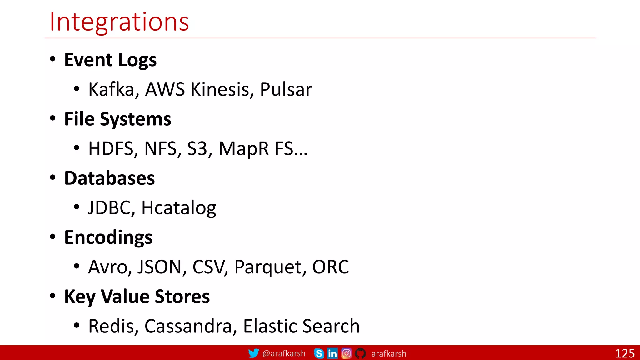 @arafkarsh arafkarsh
Integrations
125
• Event Logs
• Kafka, AWS Kinesis, Pulsar
• File Systems
• HDFS, NFS, S3, MapR FS…
• Databases
• JDBC, Hcatalog
• Encodings
• Avro, JSON, CSV, Parquet, ORC
• Key Value Stores
• Redis, Cassandra, Elastic Search
 